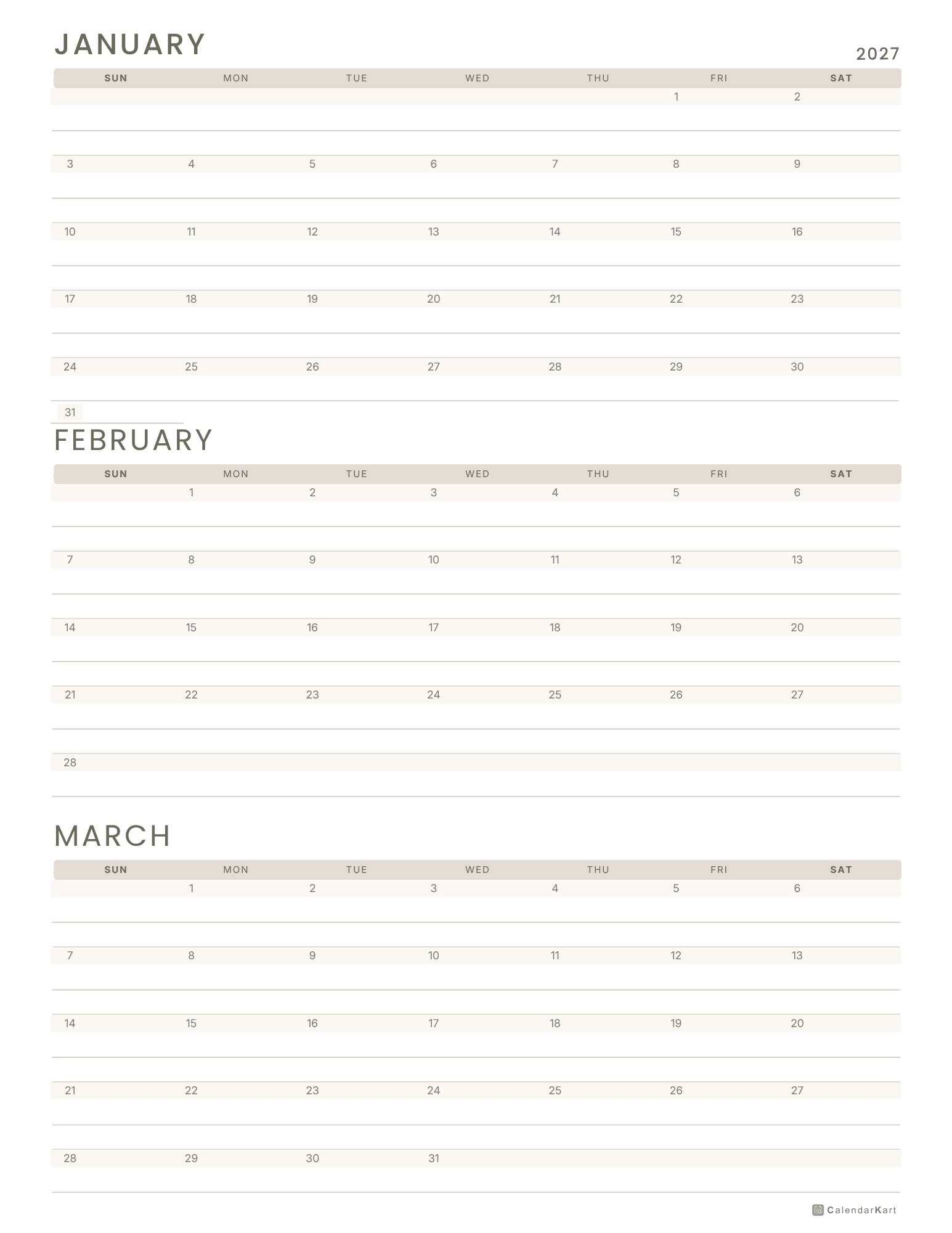 2027 Jan-Mar Quarter Calendars 9