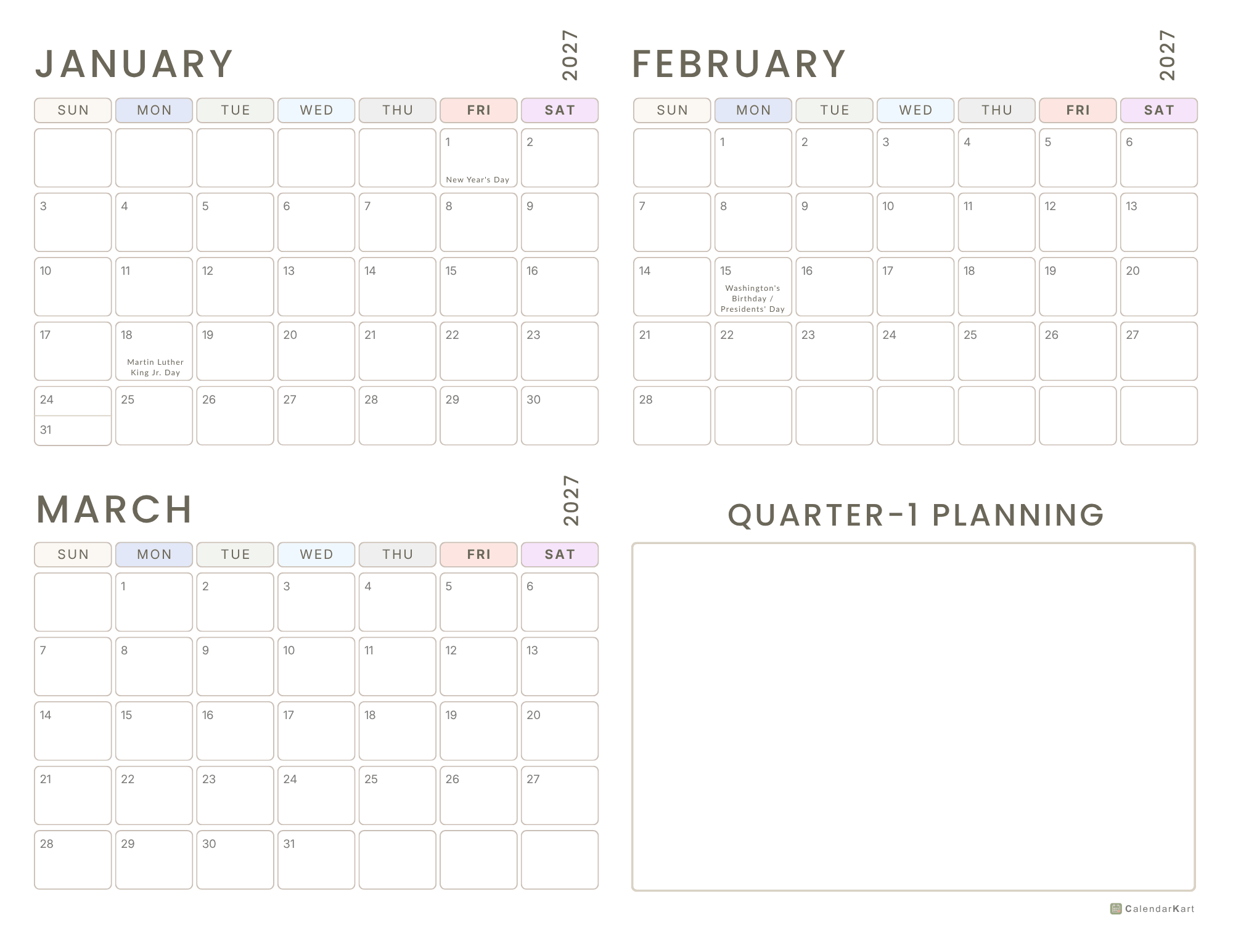 _2027 USA Holiday Quarter Calendars Jan-Dec 1