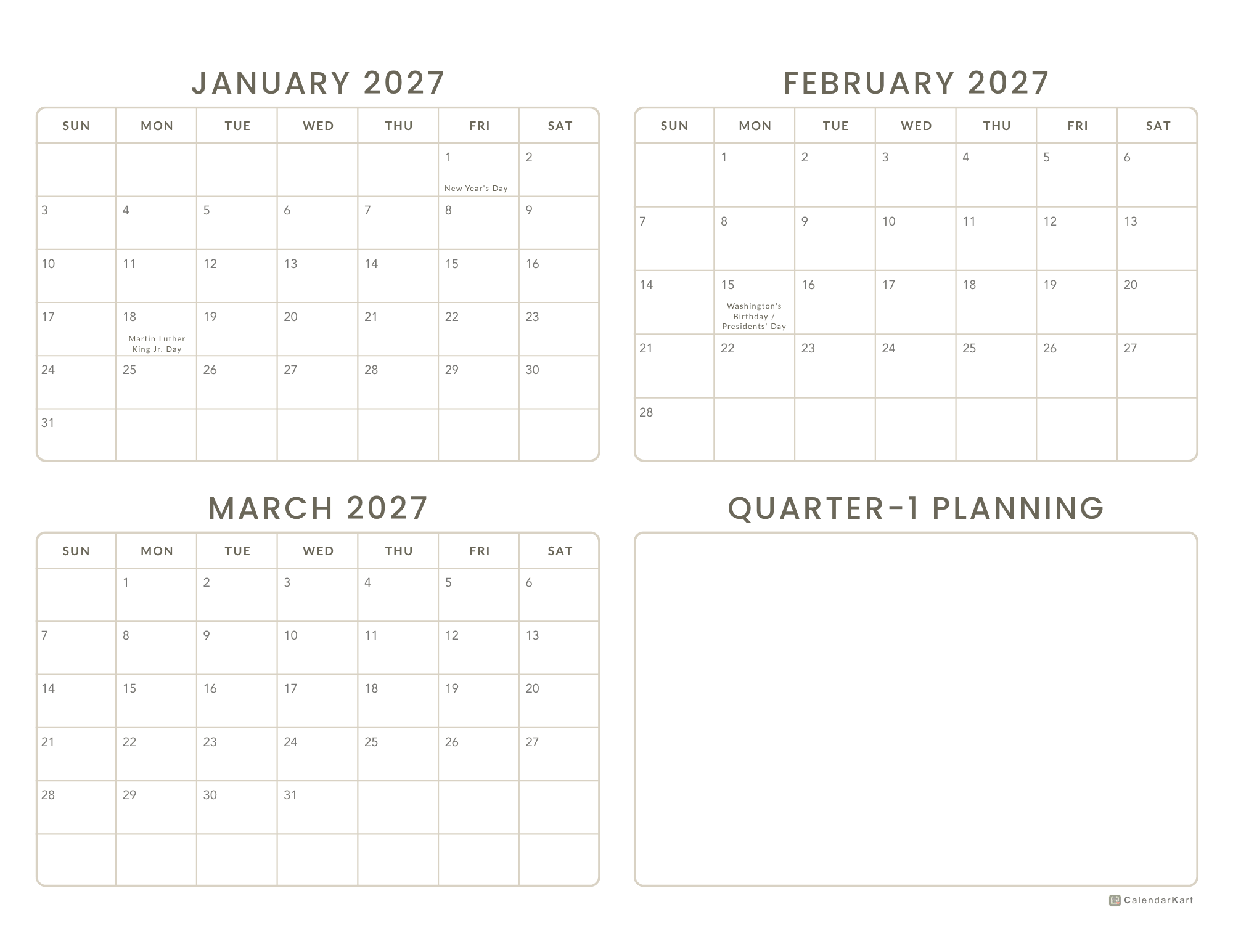 _2027 USA Holiday Quarter Calendars Jan-Dec 2