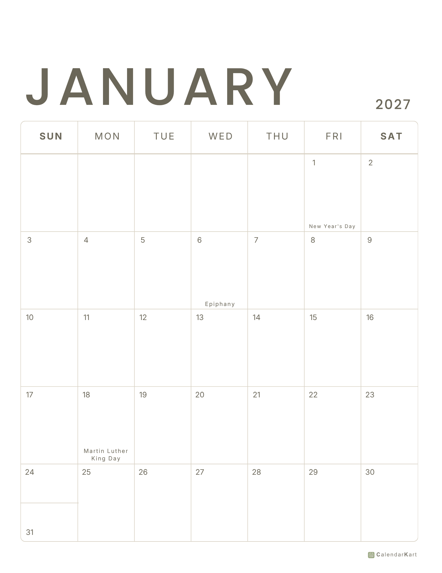2027 USA Monthly Holiday calendar Jan-Dec 1