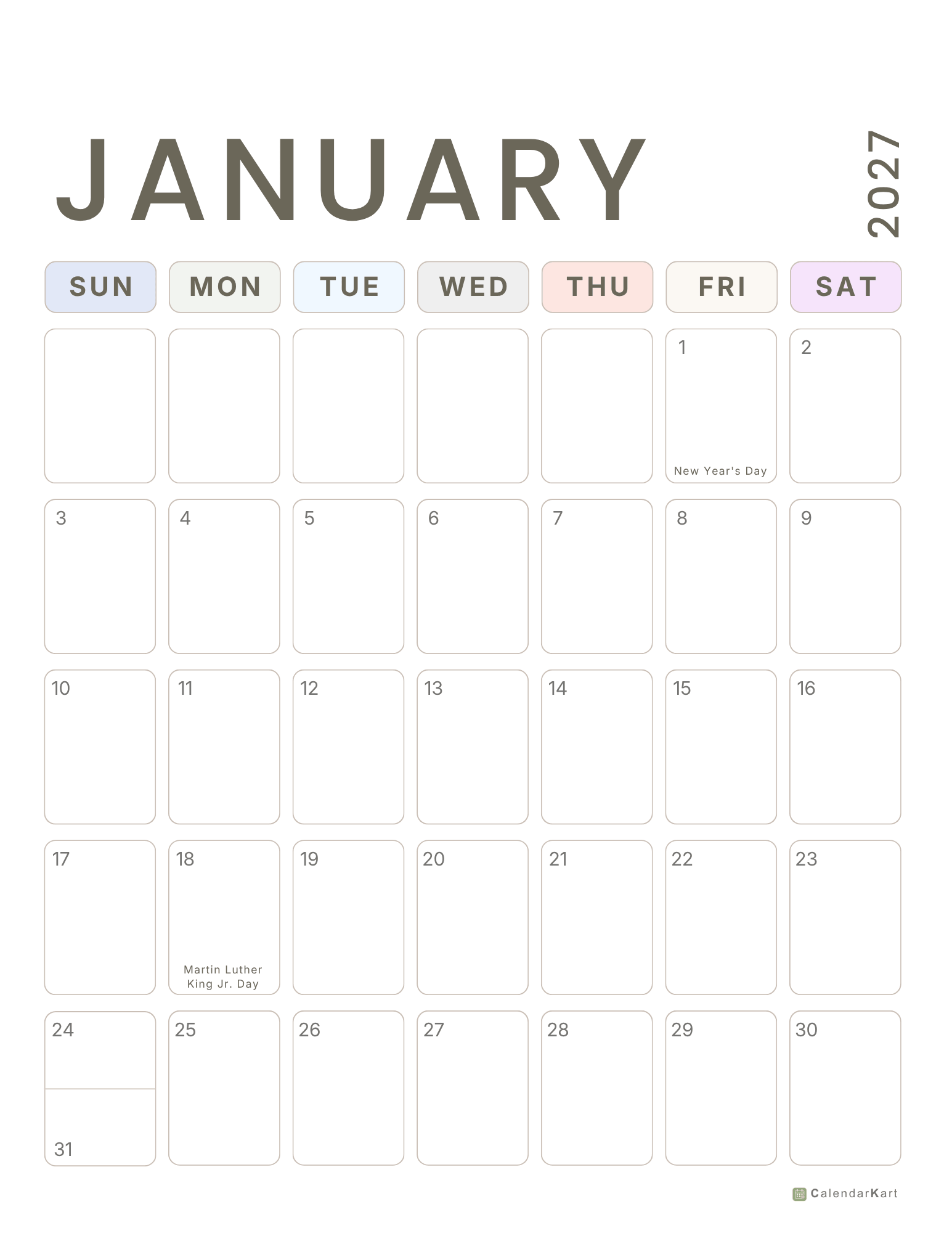 2027 USA Monthly Holiday calendar Jan-Dec 2