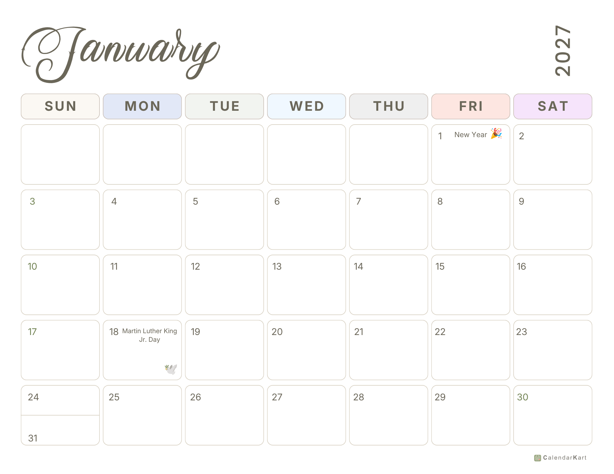 2027 USA Monthly Holiday calendar Jan-Dec 3