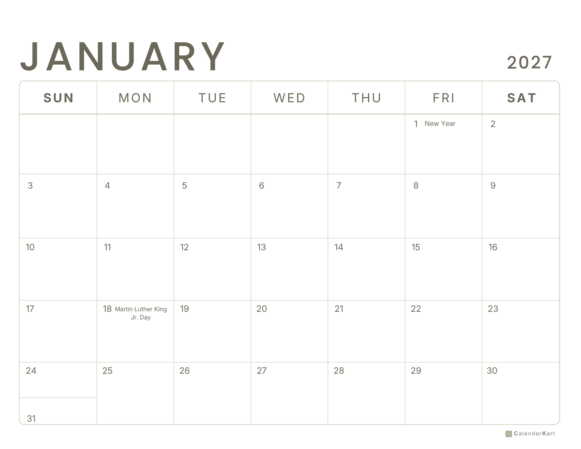 2027 USA Monthly Holiday calendar Jan-Dec 4