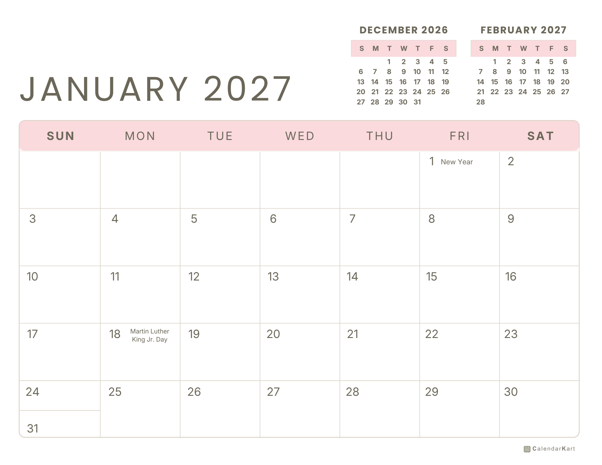 2027 USA Monthly Holiday calendar Jan-Dec 5