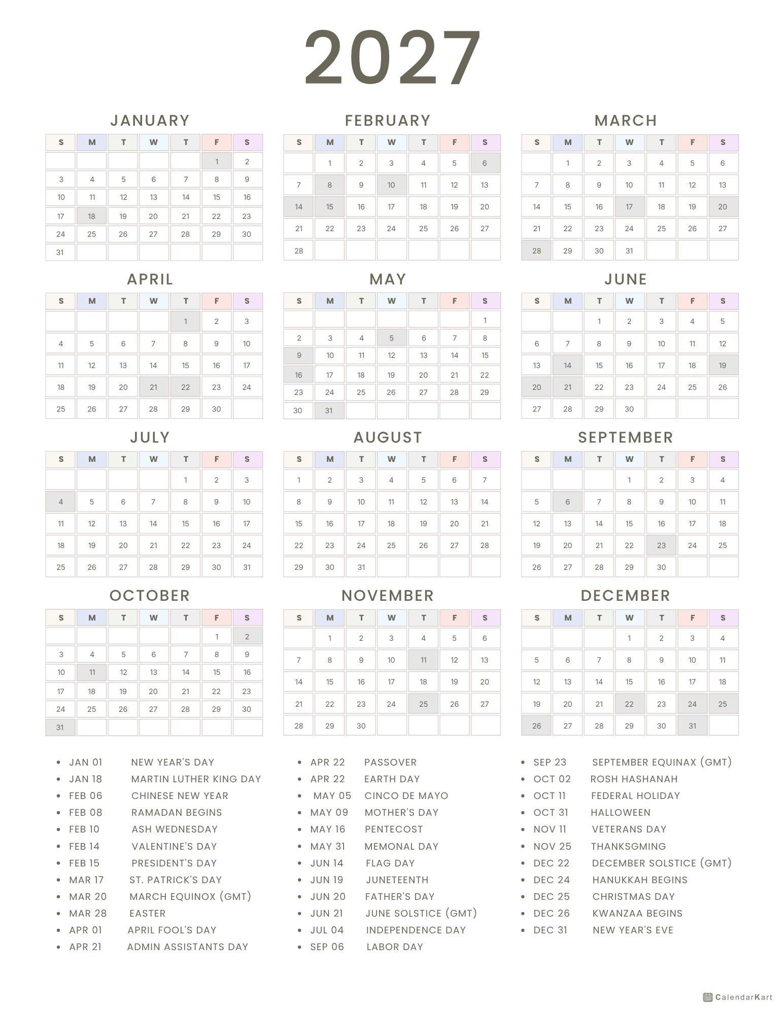 2027 USA yearly Calendars 2027 1