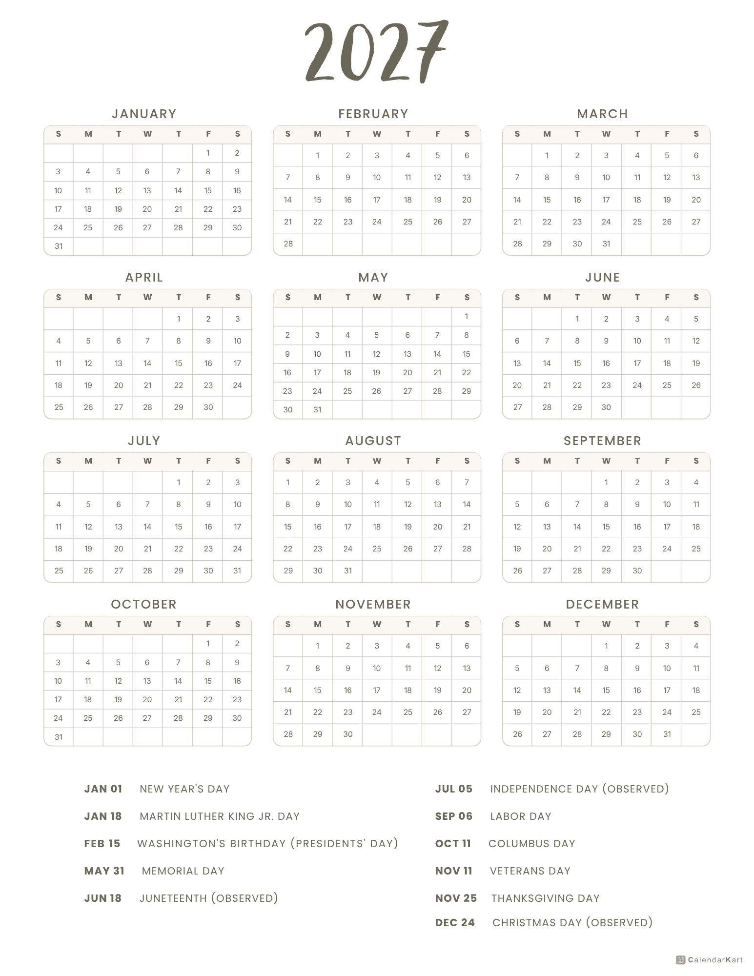 2027 USA yearly Calendars 2027 2