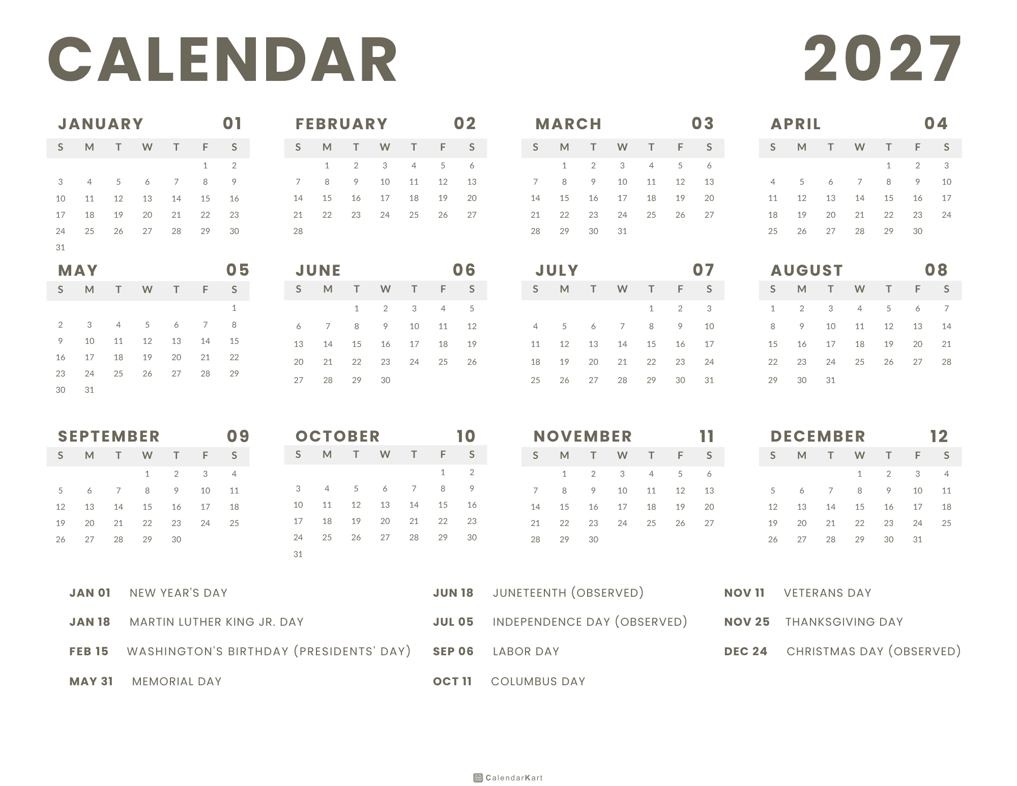2027 USA yearly Calendars 2027 3