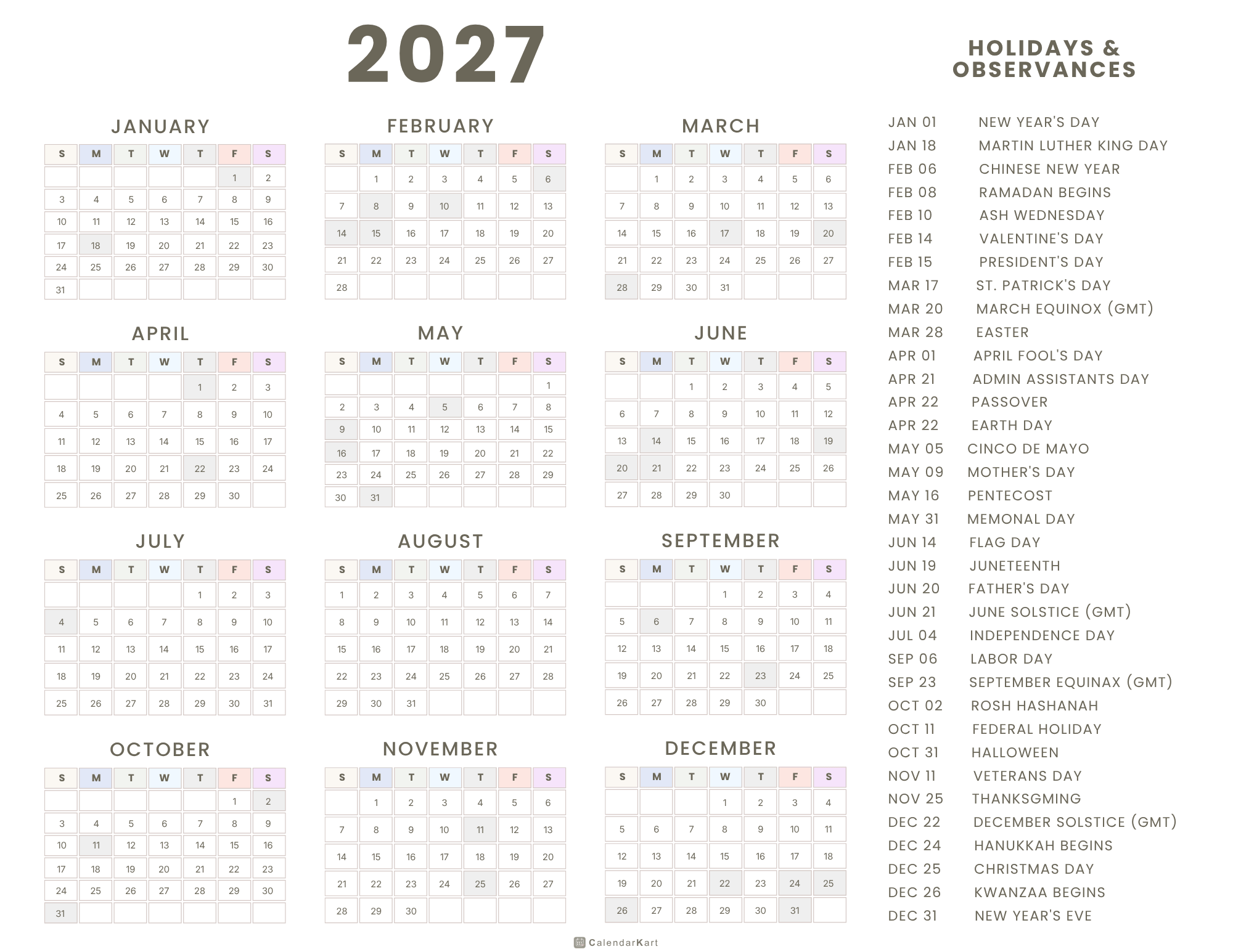 2027 USA yearly Calendars 2027 4