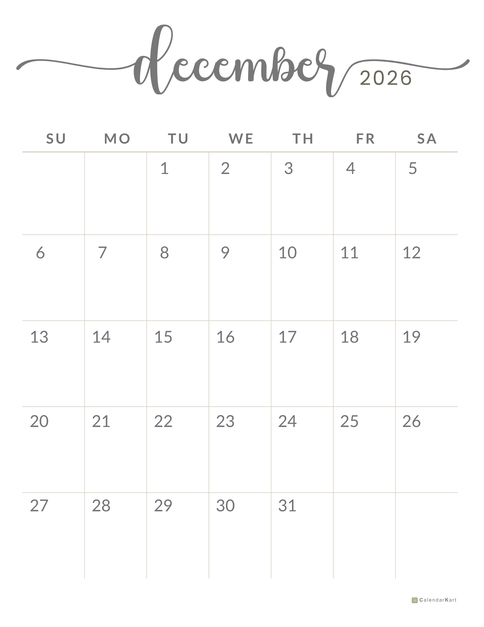 December 2026 Monthly Calendars 1