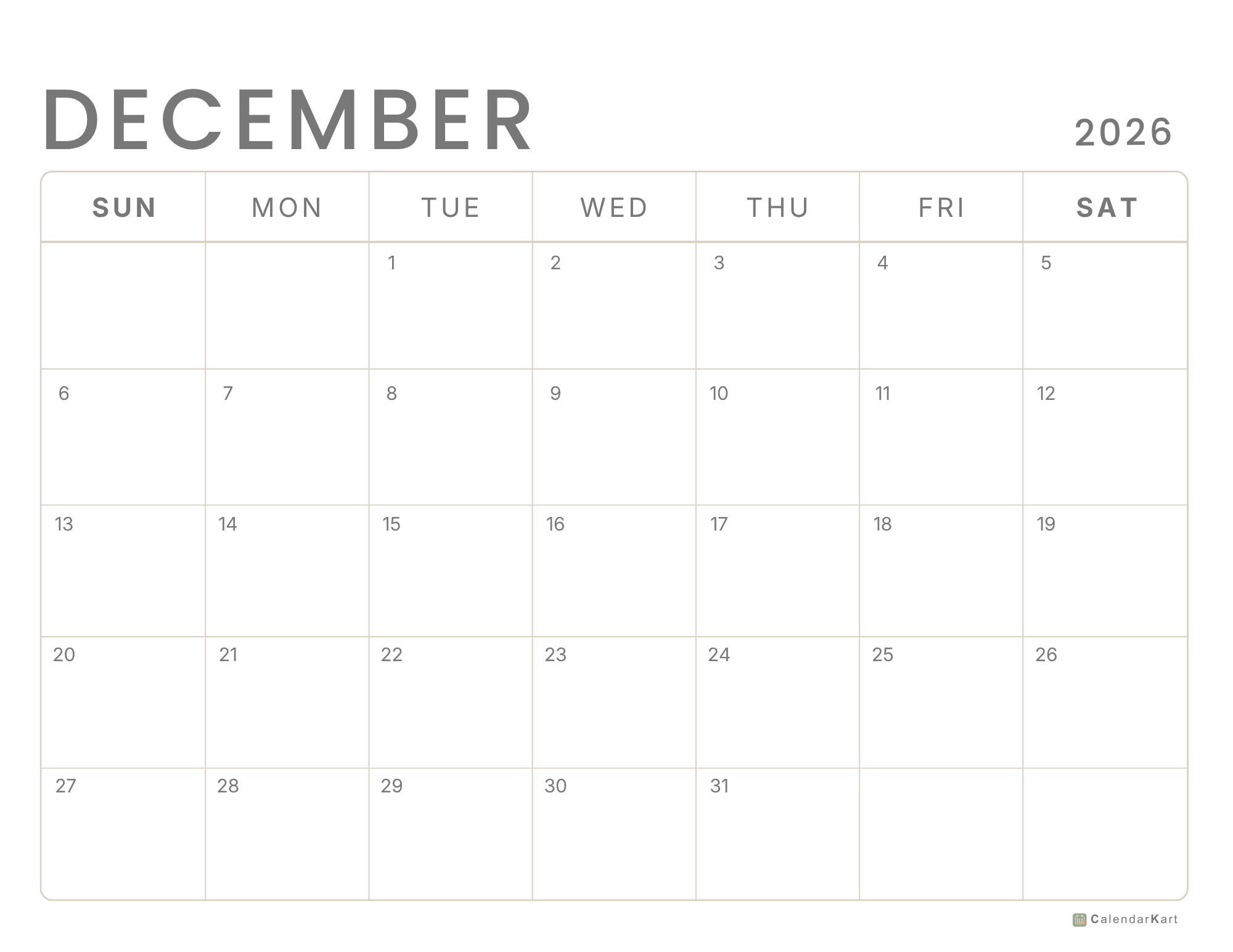 December 2026 Monthly Calendars 11