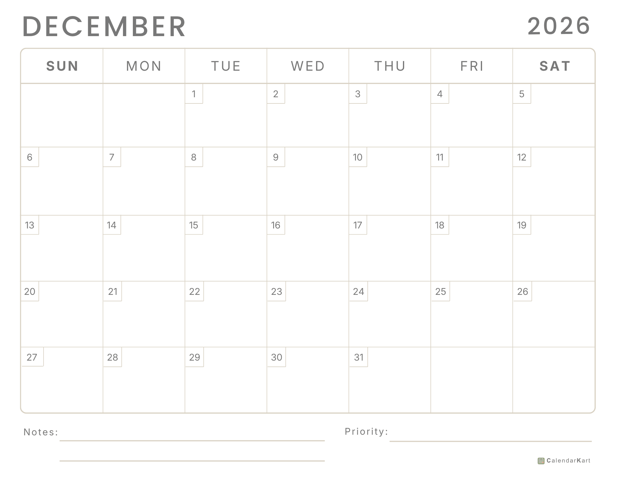 December 2026 Monthly Calendars 12