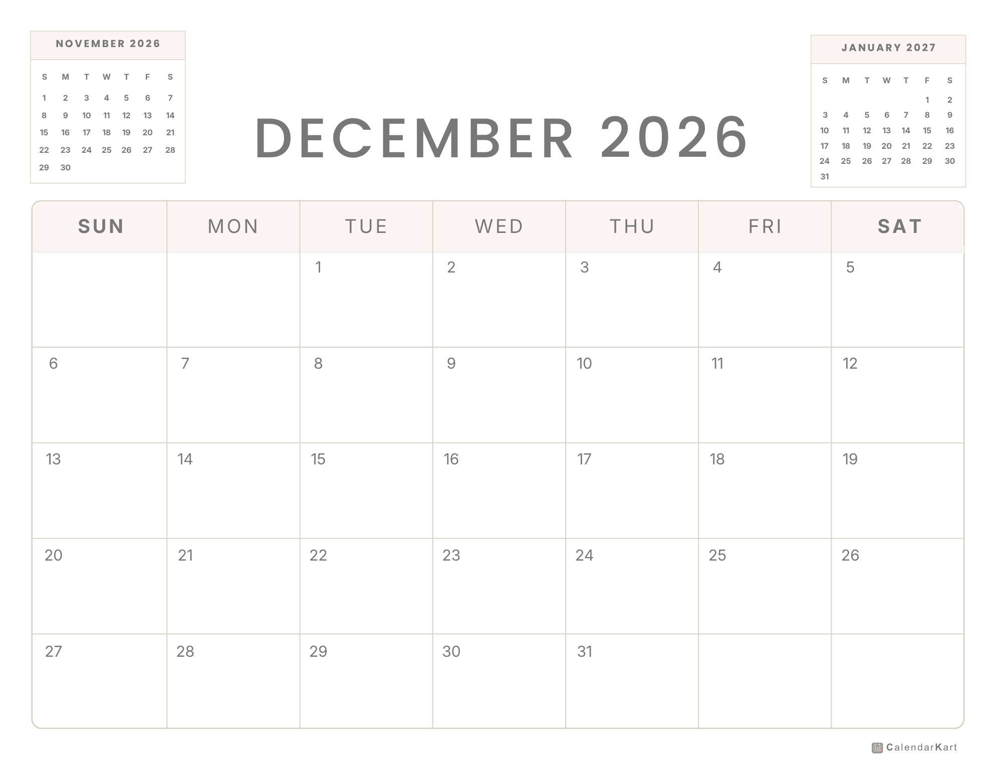 December 2026 Monthly Calendars 14