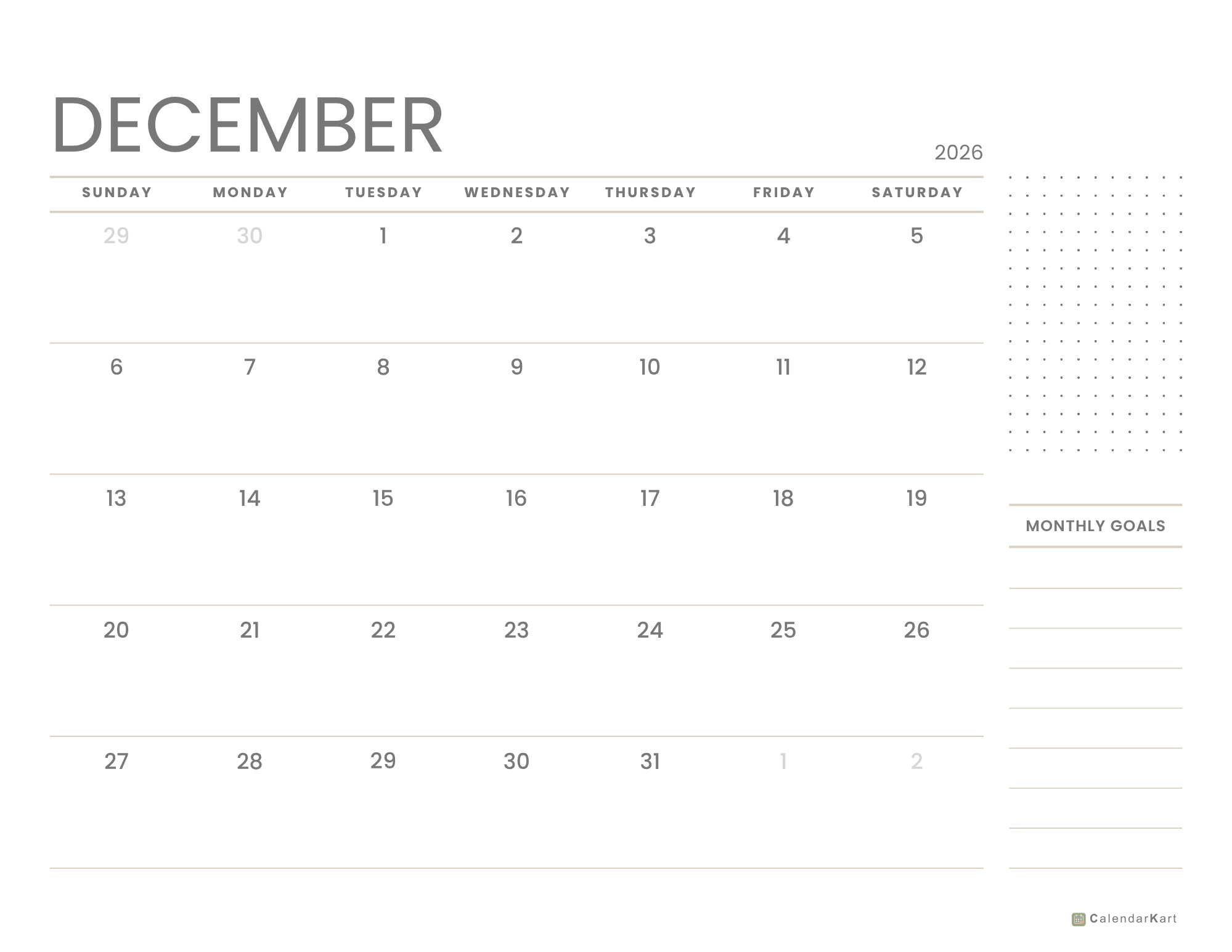 December 2026 Monthly Calendars 15