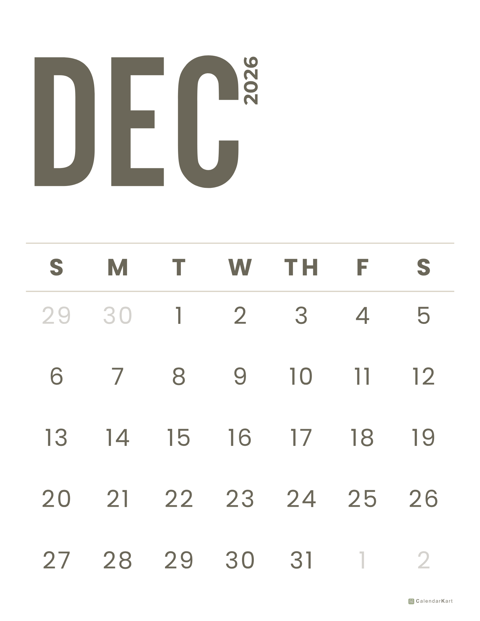 December 2026 Monthly Calendars 2