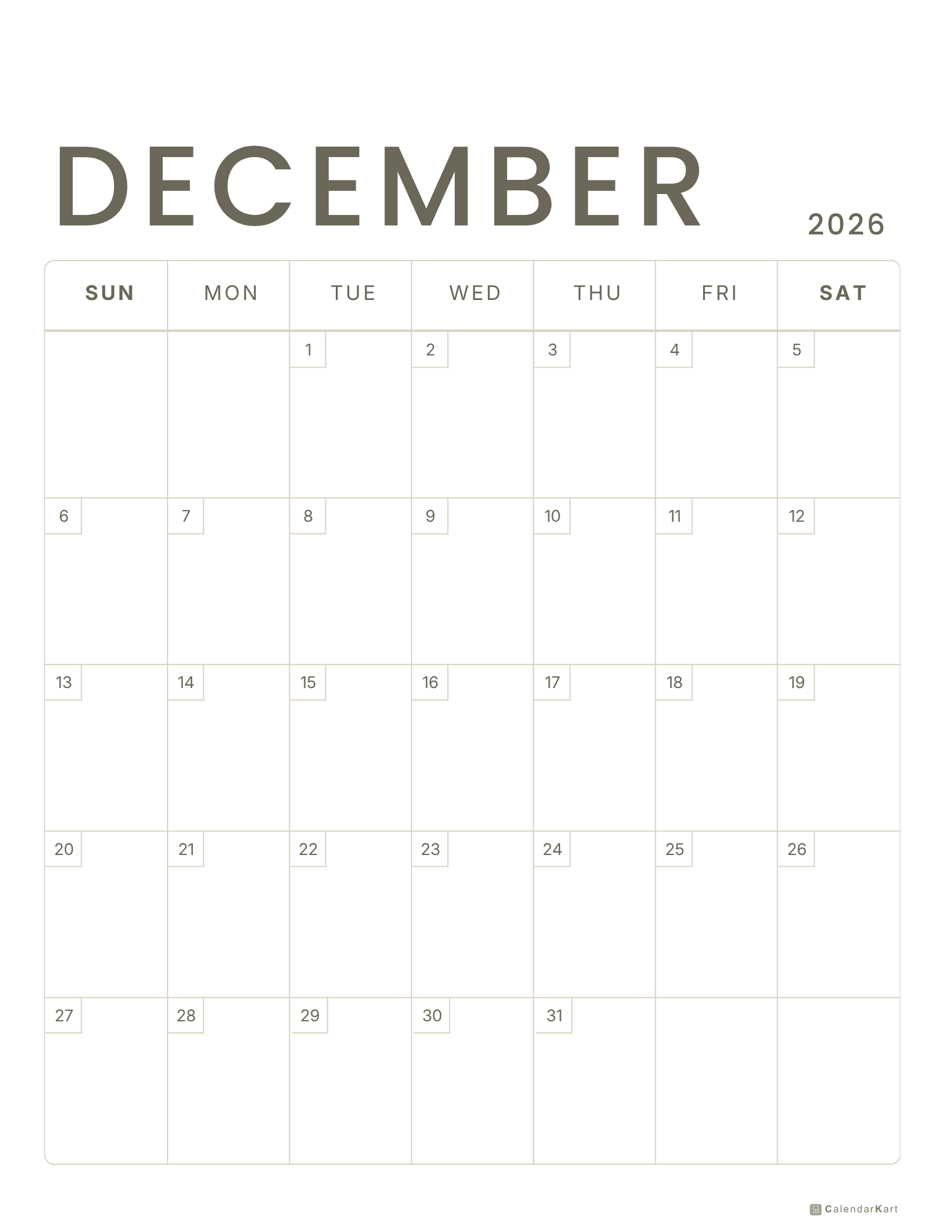 December 2026 Monthly Calendars 3