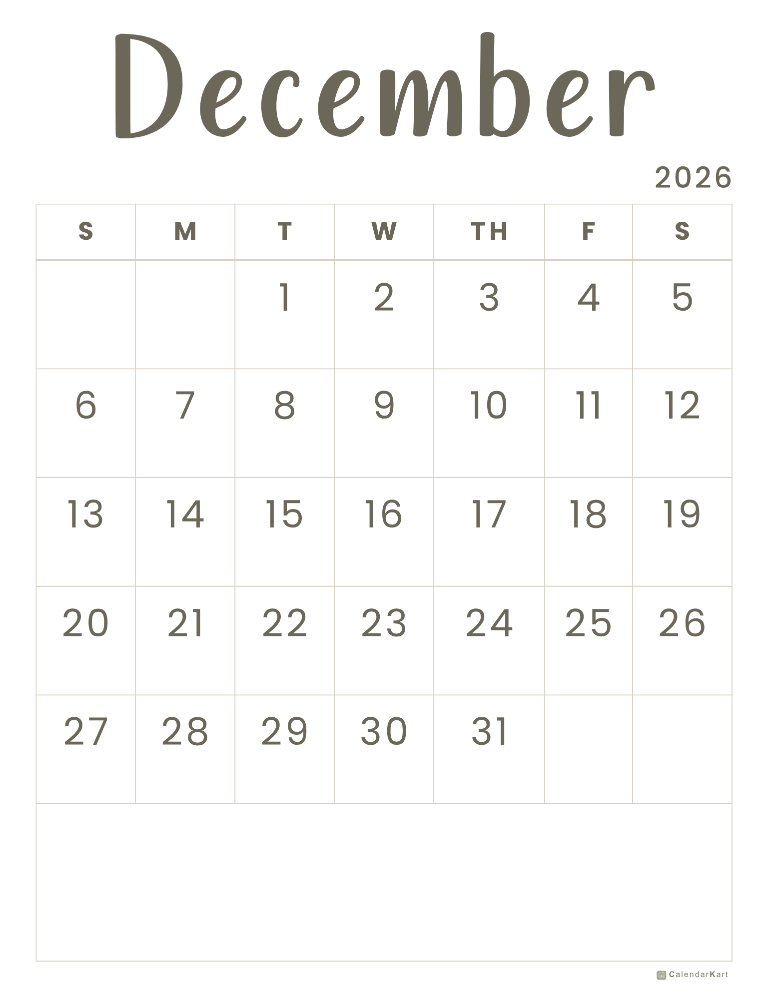 December 2026 Monthly Calendars 4