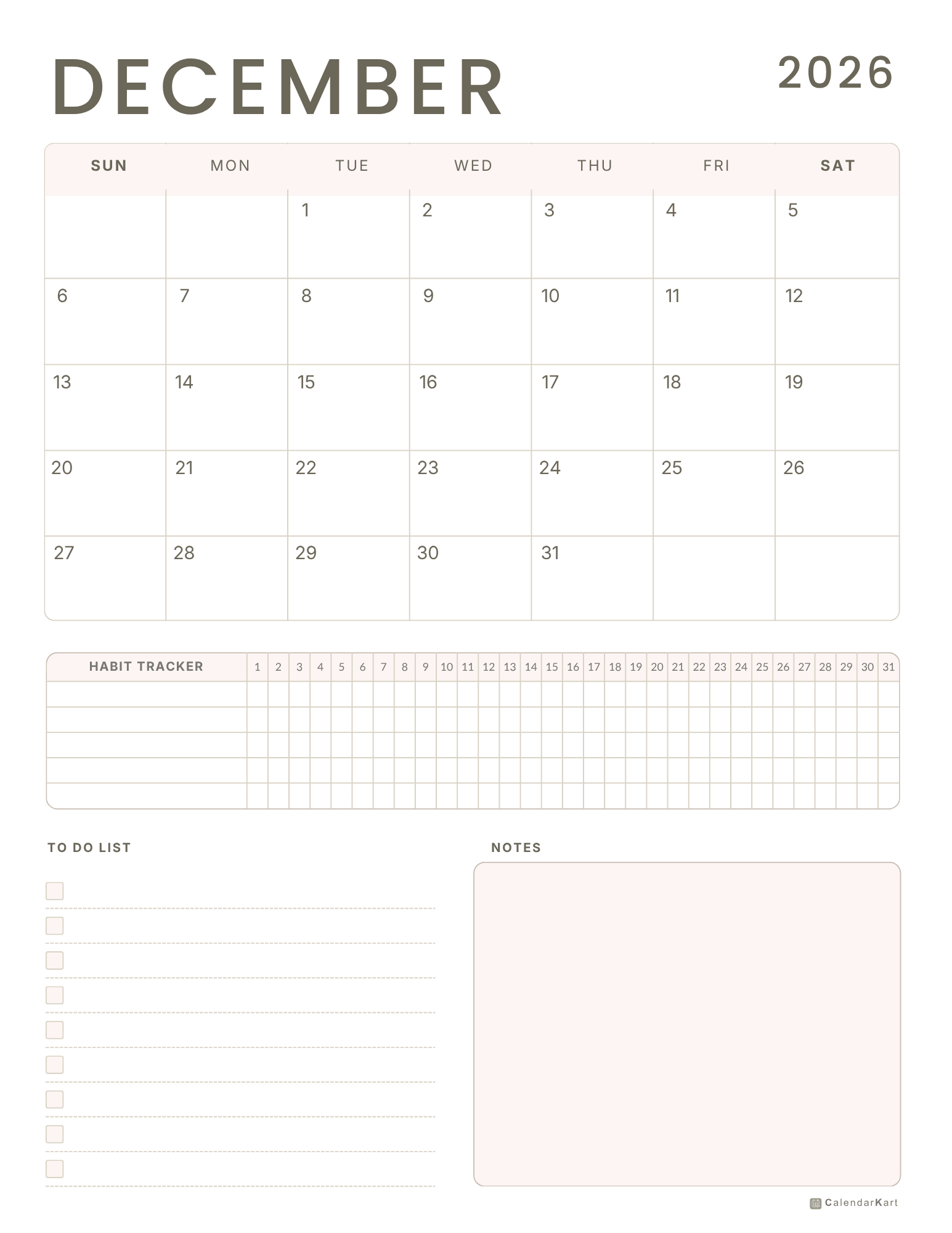 December 2026 Monthly Calendars 6
