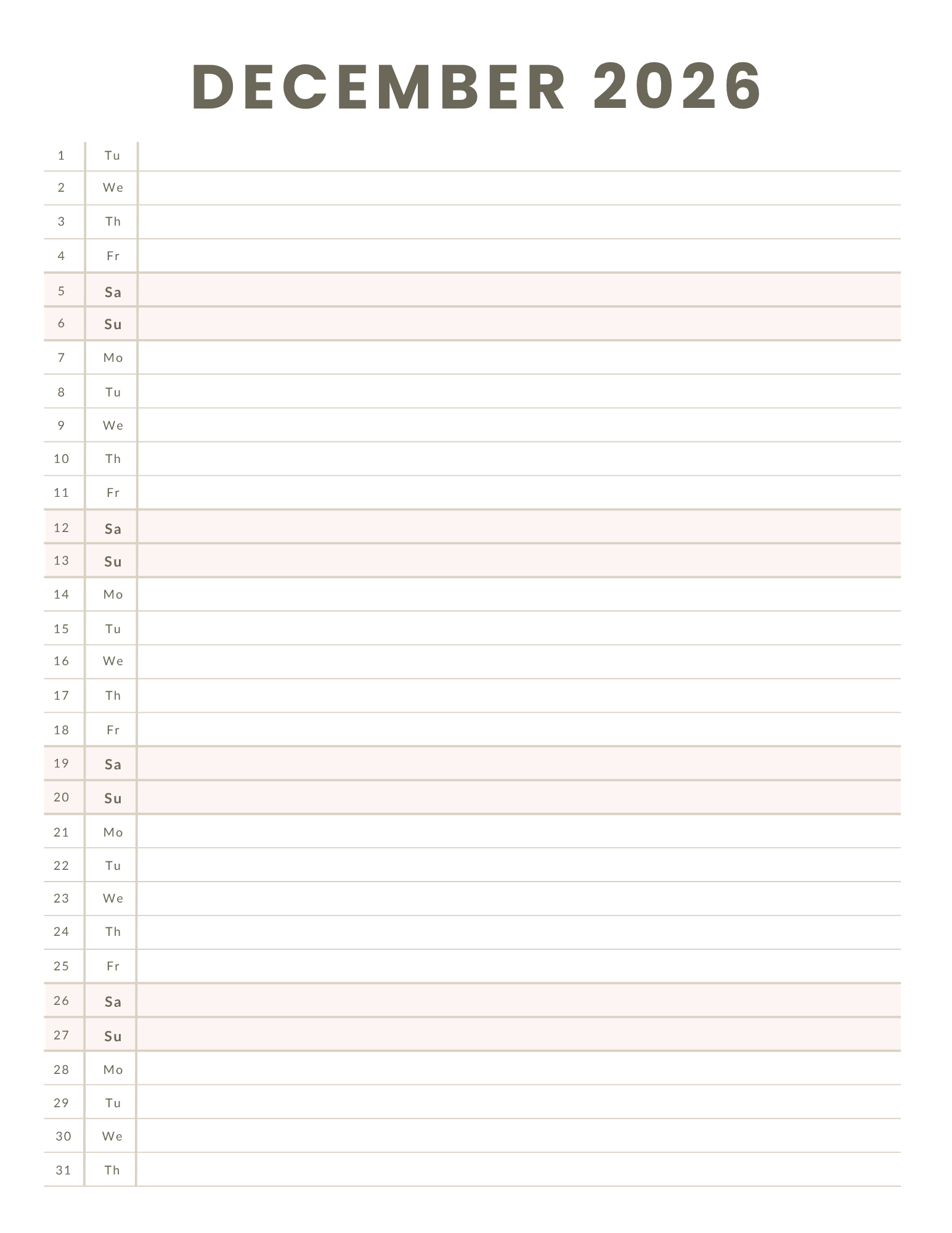 December 2026 Monthly Calendars 8
