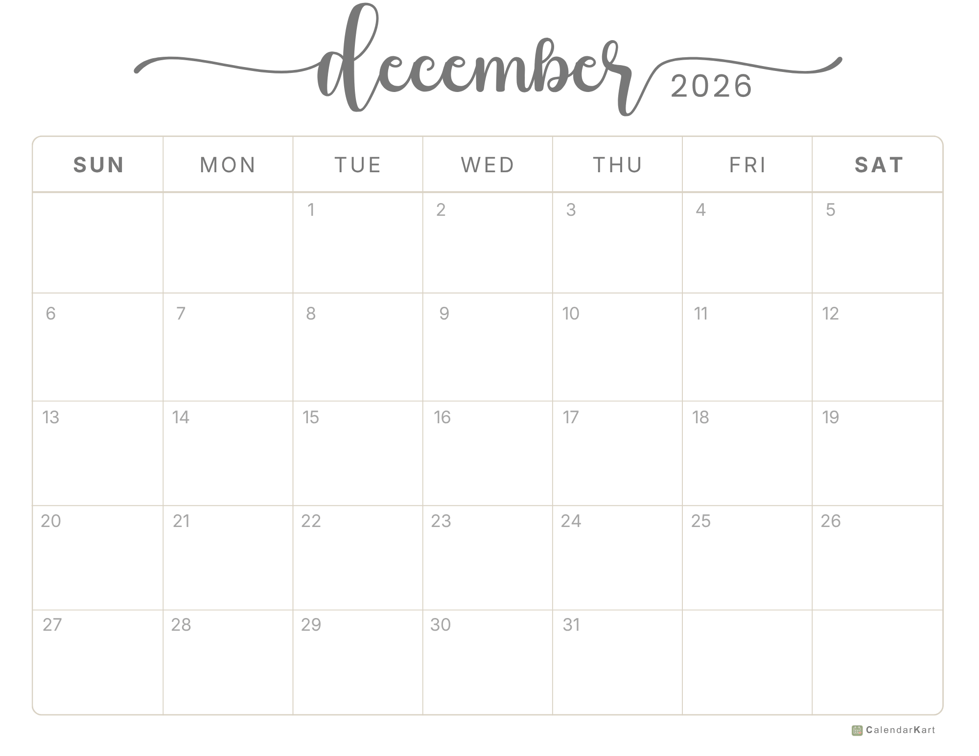 December 2026 Monthly Calendars 9