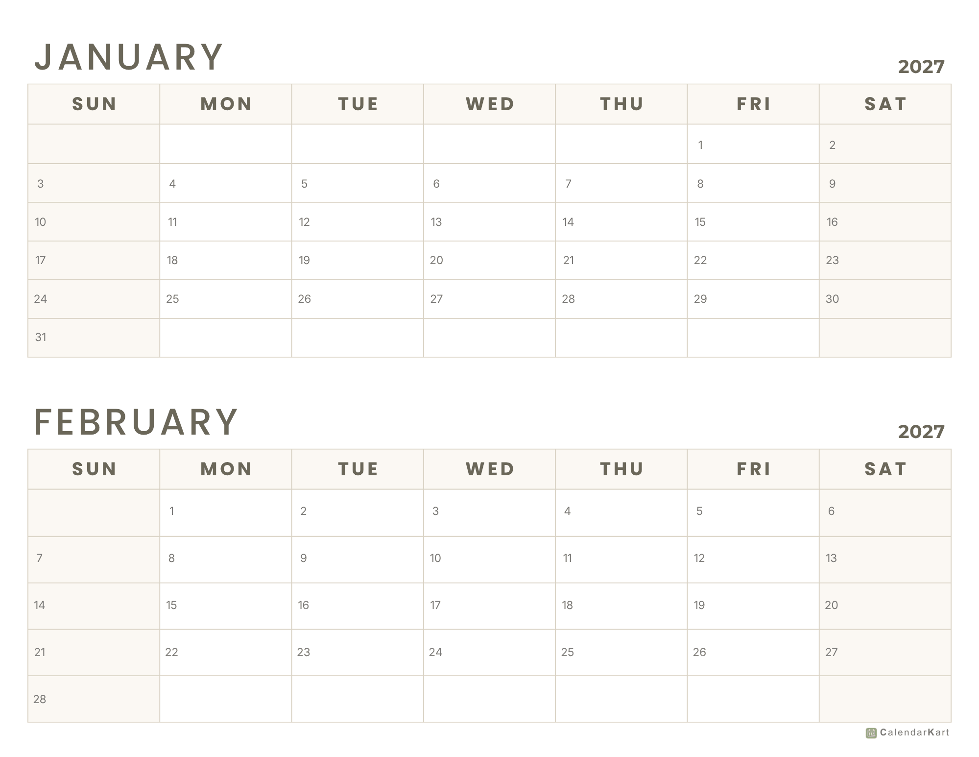Jan-Feb BI Monthly 2027 Calendar 11