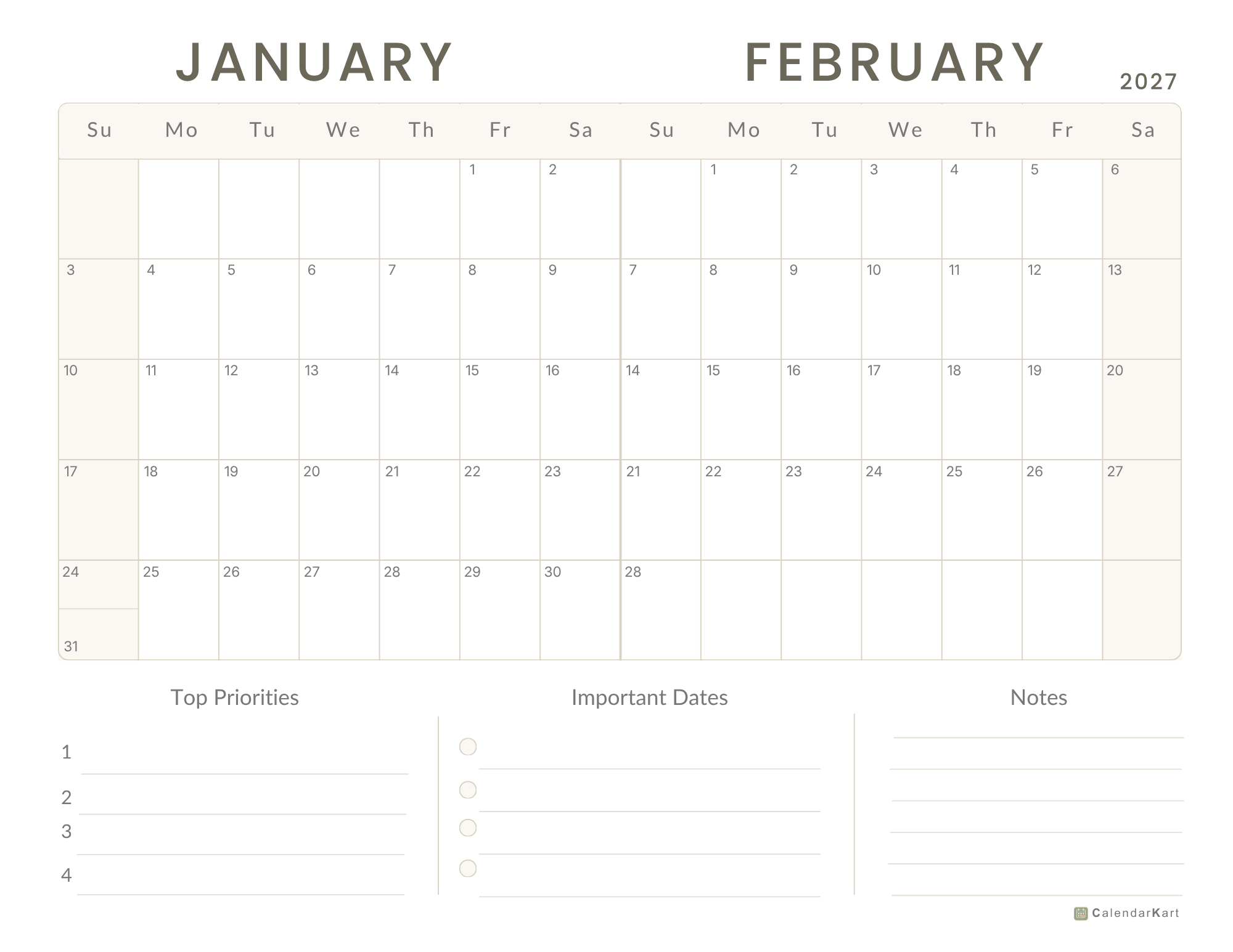 Jan-Feb BI Monthly 2027 Calendar 9