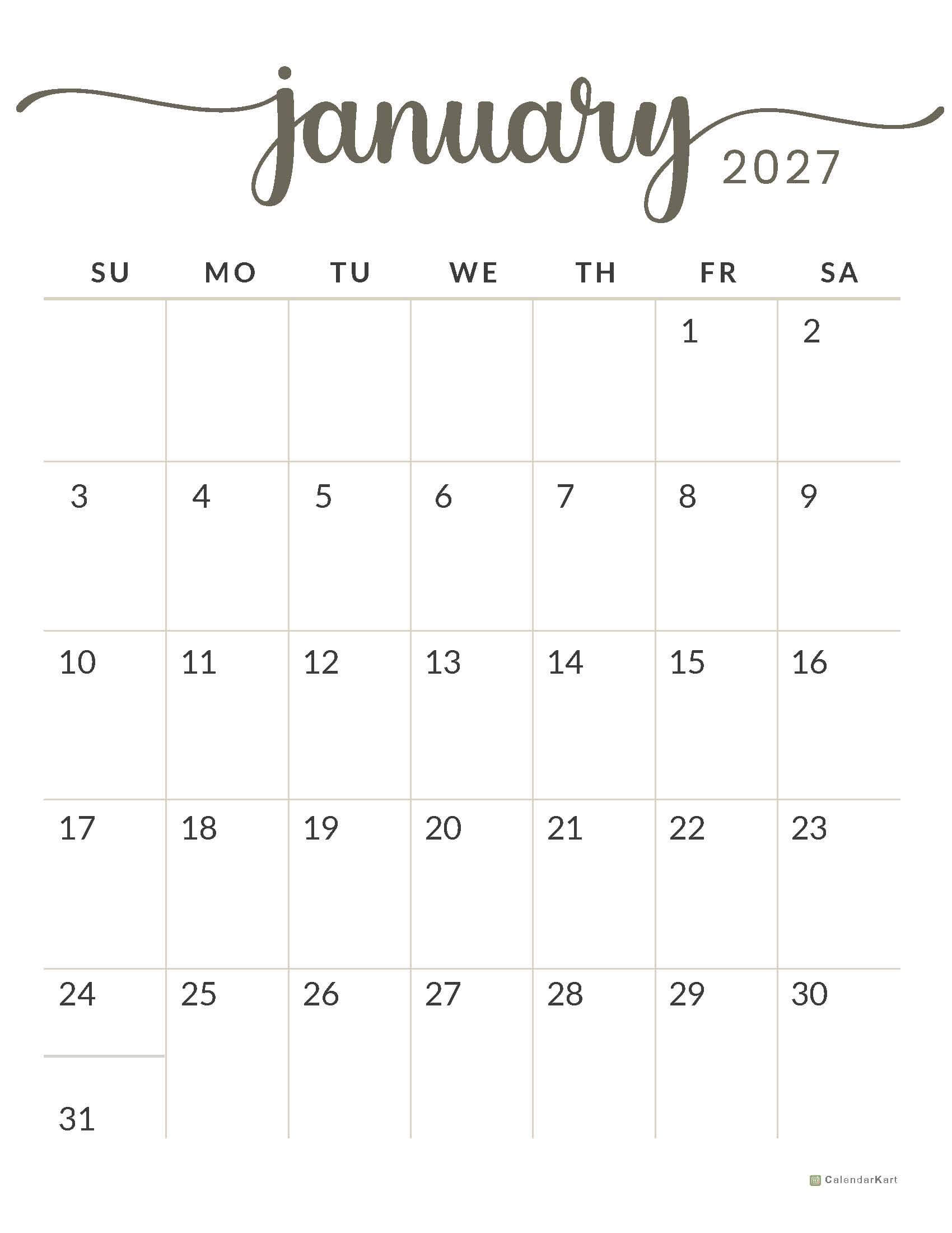 January 2027 Printable Calendar 1
