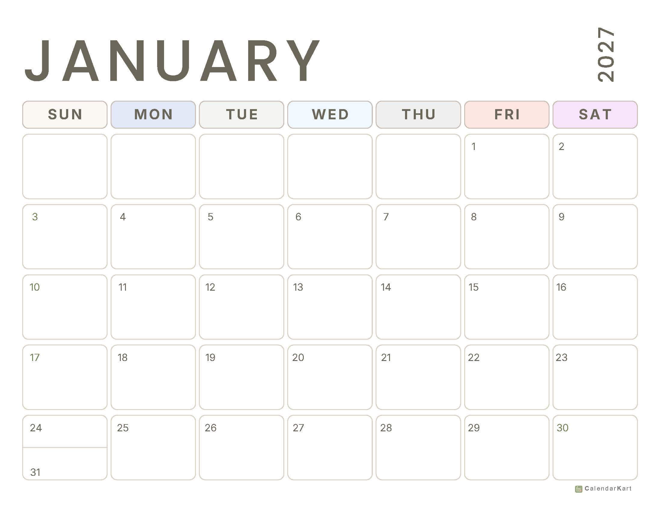January 2027 Printable Calendar 10