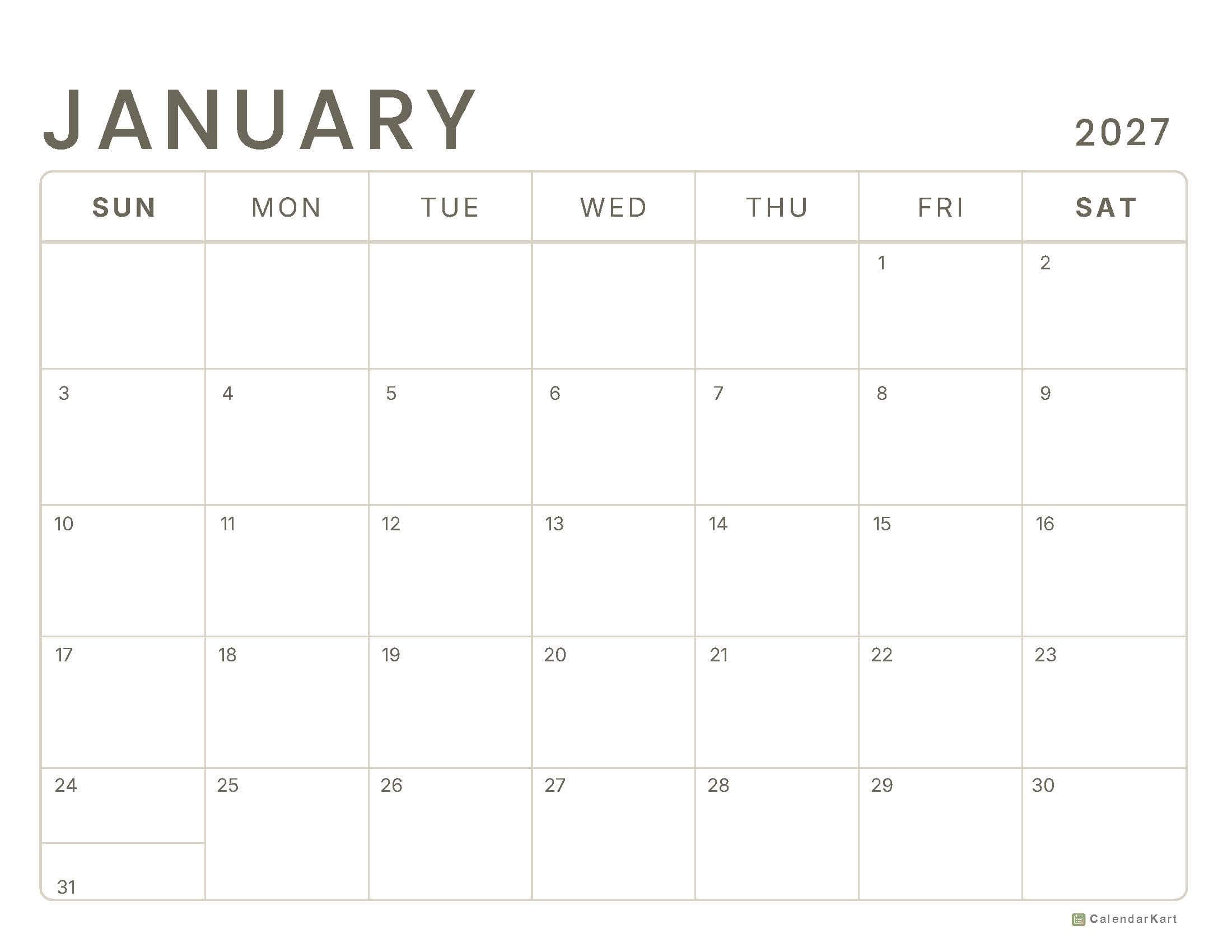 January 2027 Printable Calendar 11