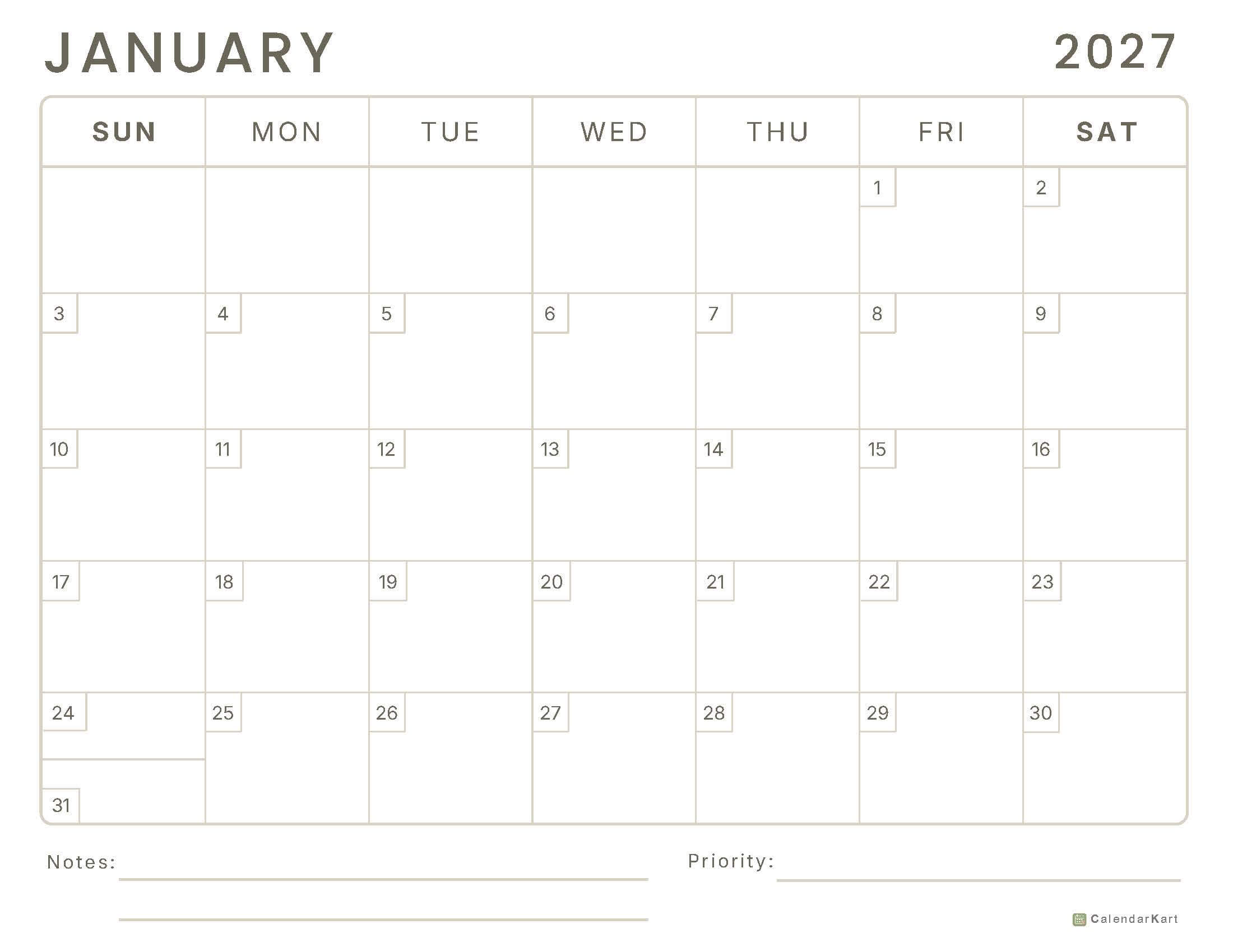 January 2027 Printable Calendar 12