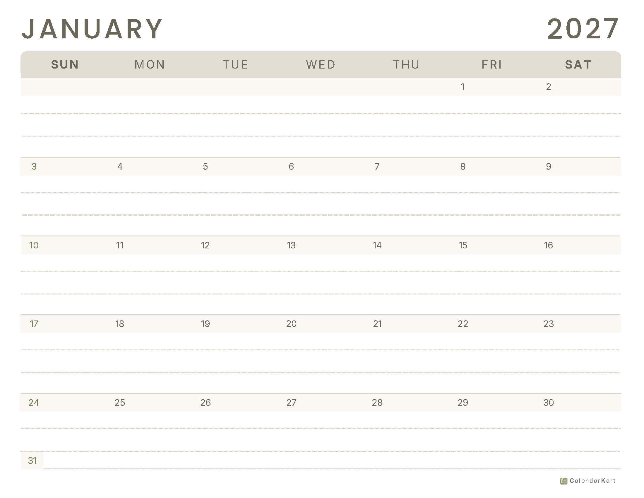 January 2027 Printable Calendar 13