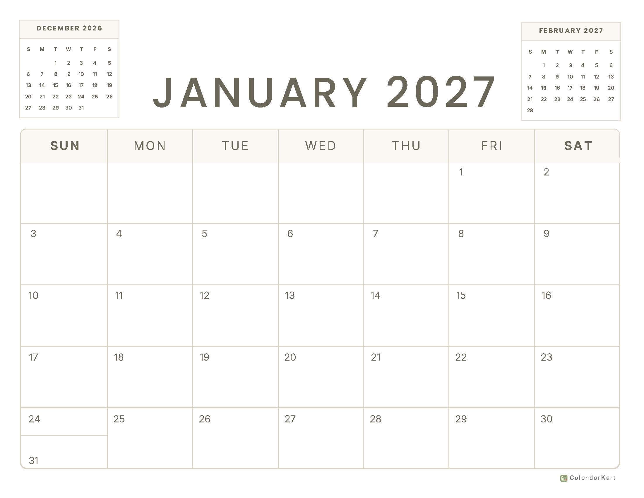 January 2027 Printable Calendar 14