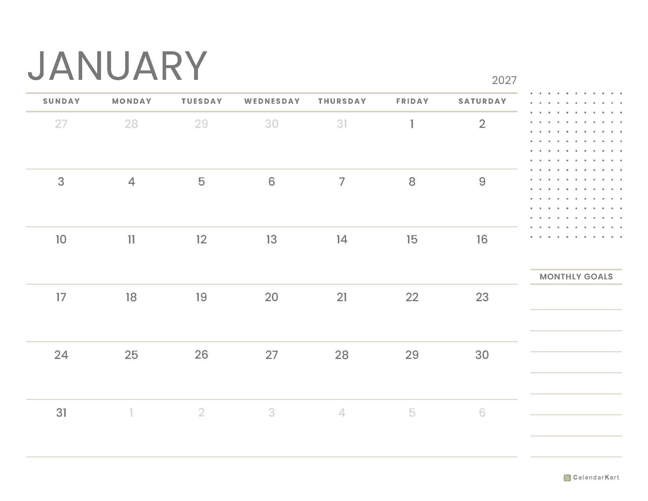 January 2027 Printable Calendar 15