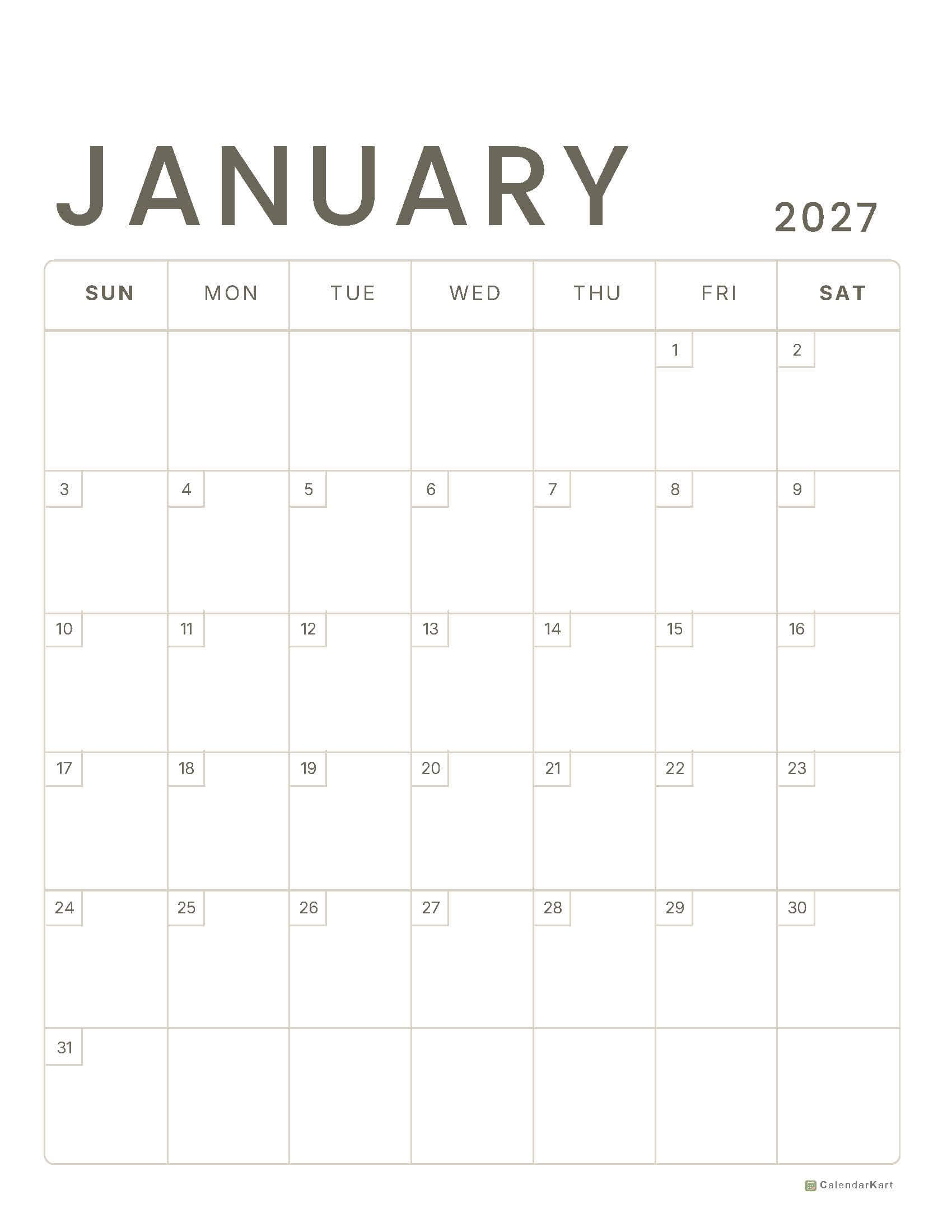 January 2027 Printable Calendar 3