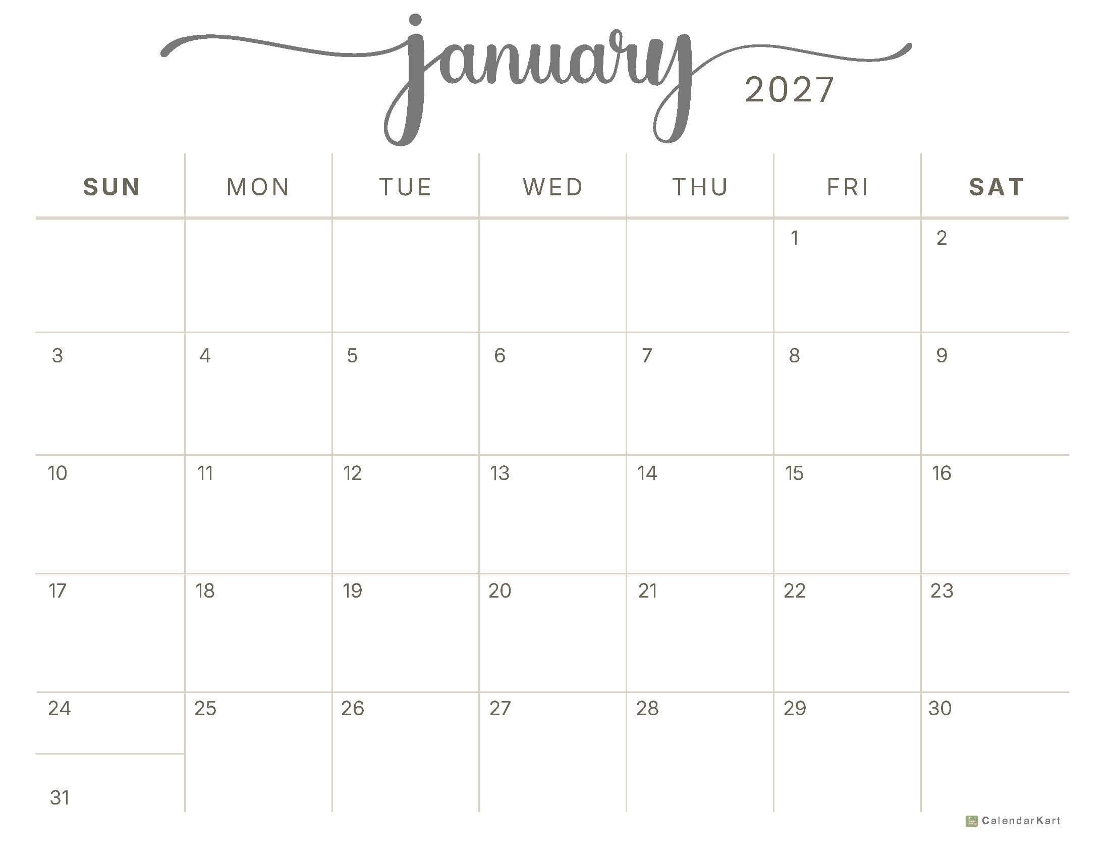 January 2027 Printable Calendar 9