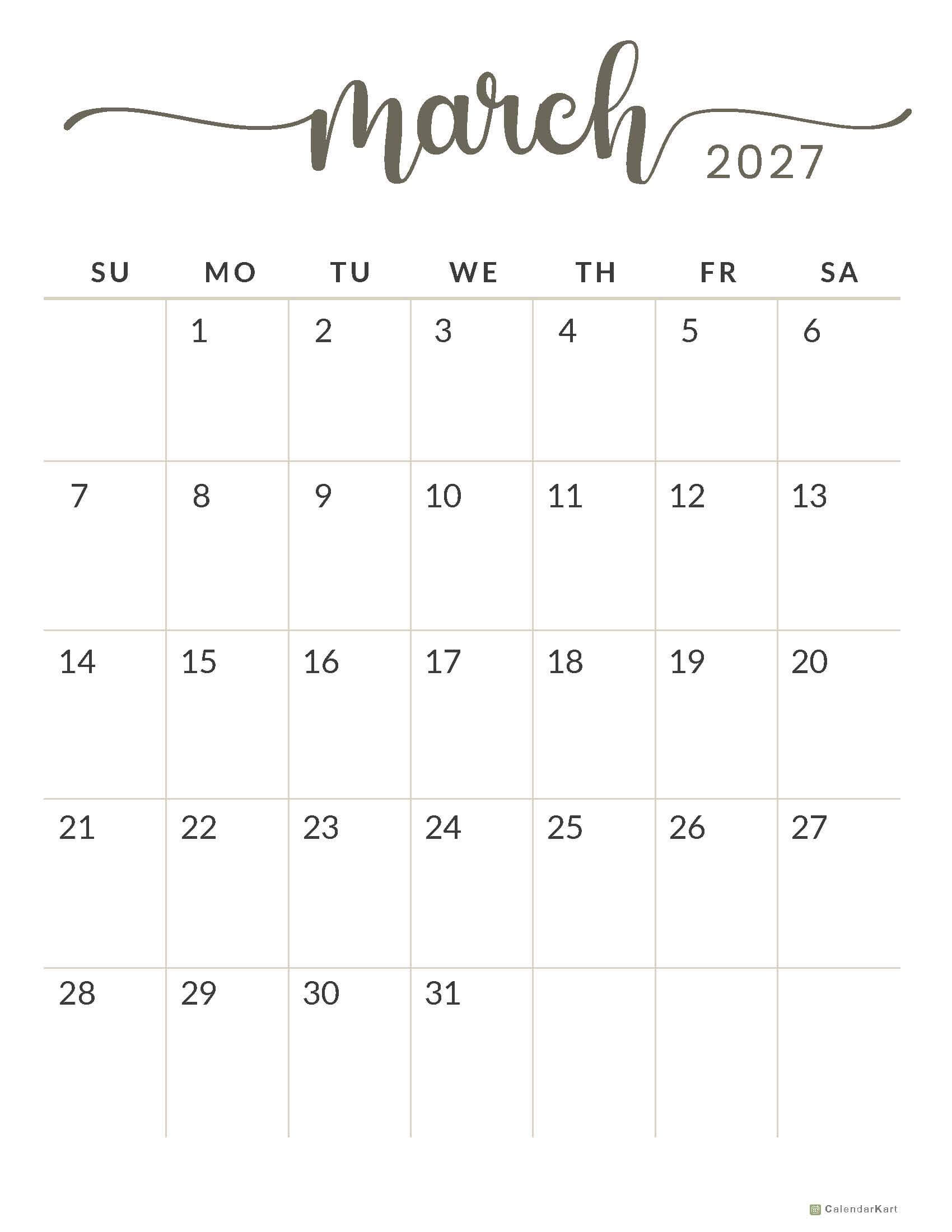 March 2027 Monthly Calendars 1