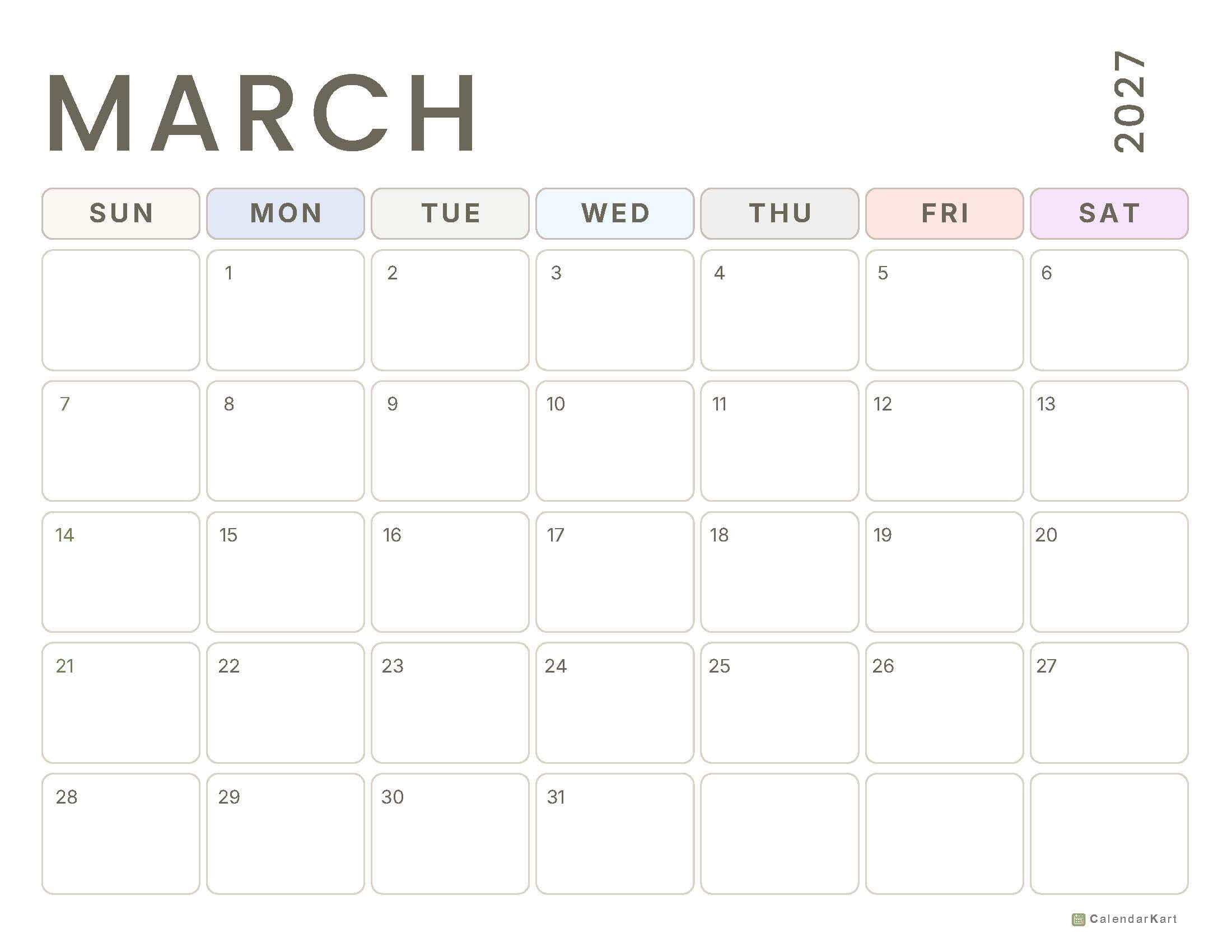 March 2027 Monthly Calendars 10