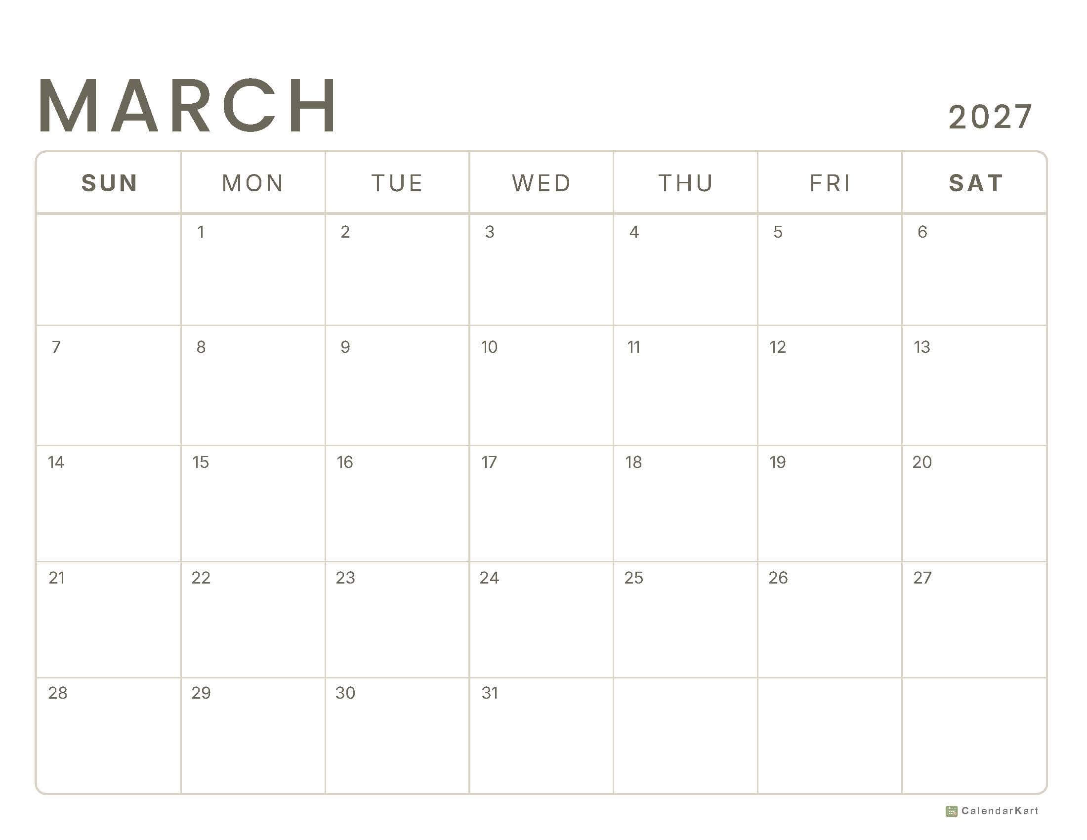 March 2027 Monthly Calendars 11