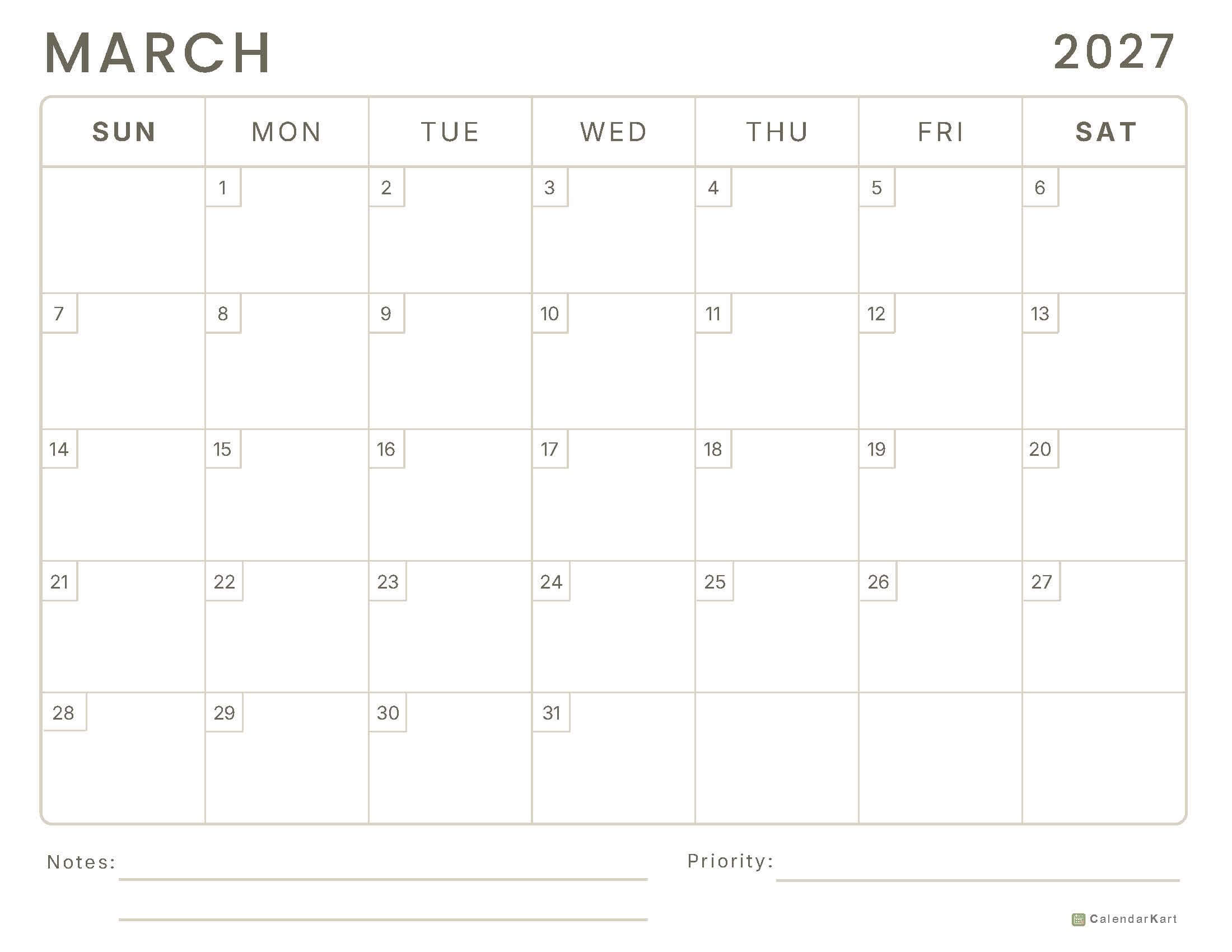 March 2027 Monthly Calendars 12
