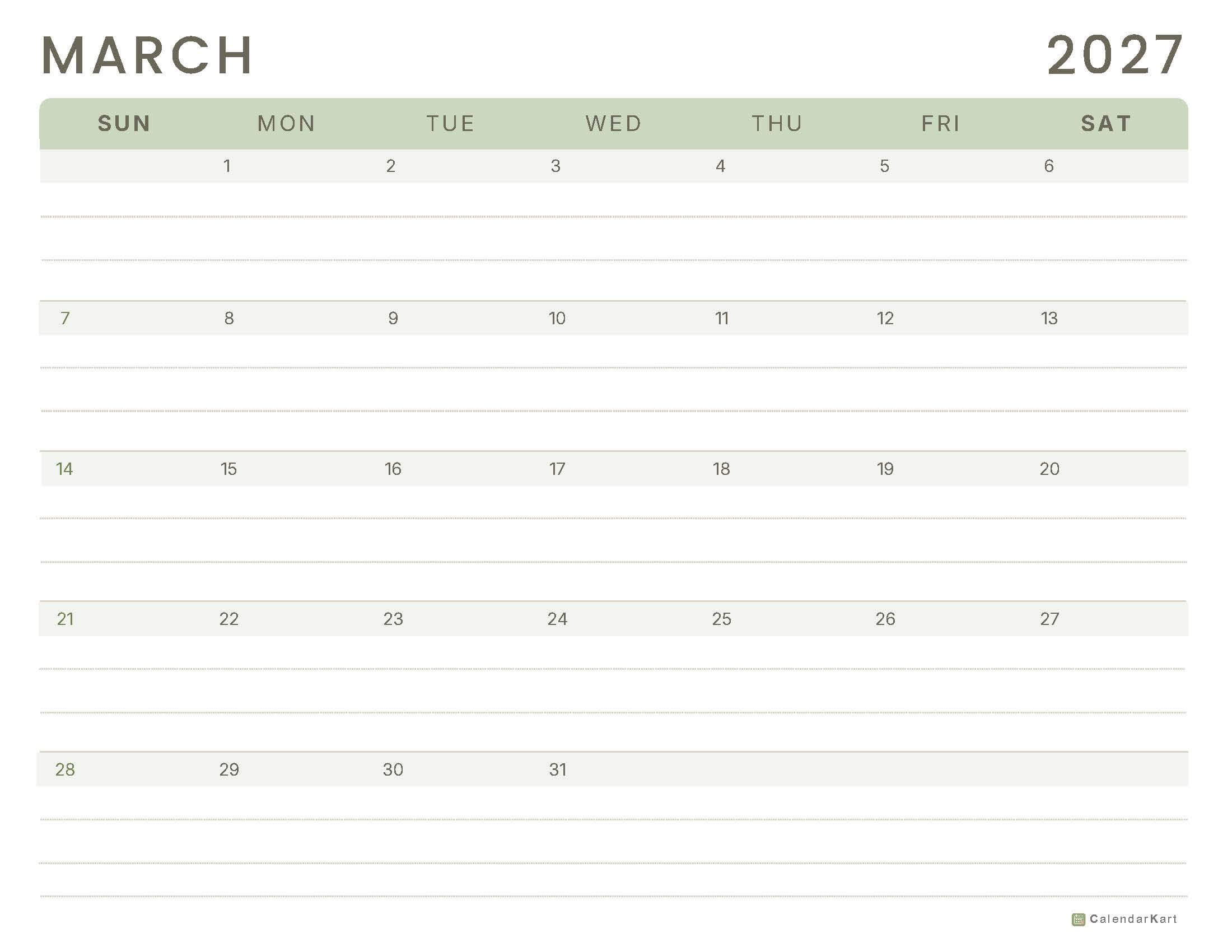 March 2027 Monthly Calendars 13