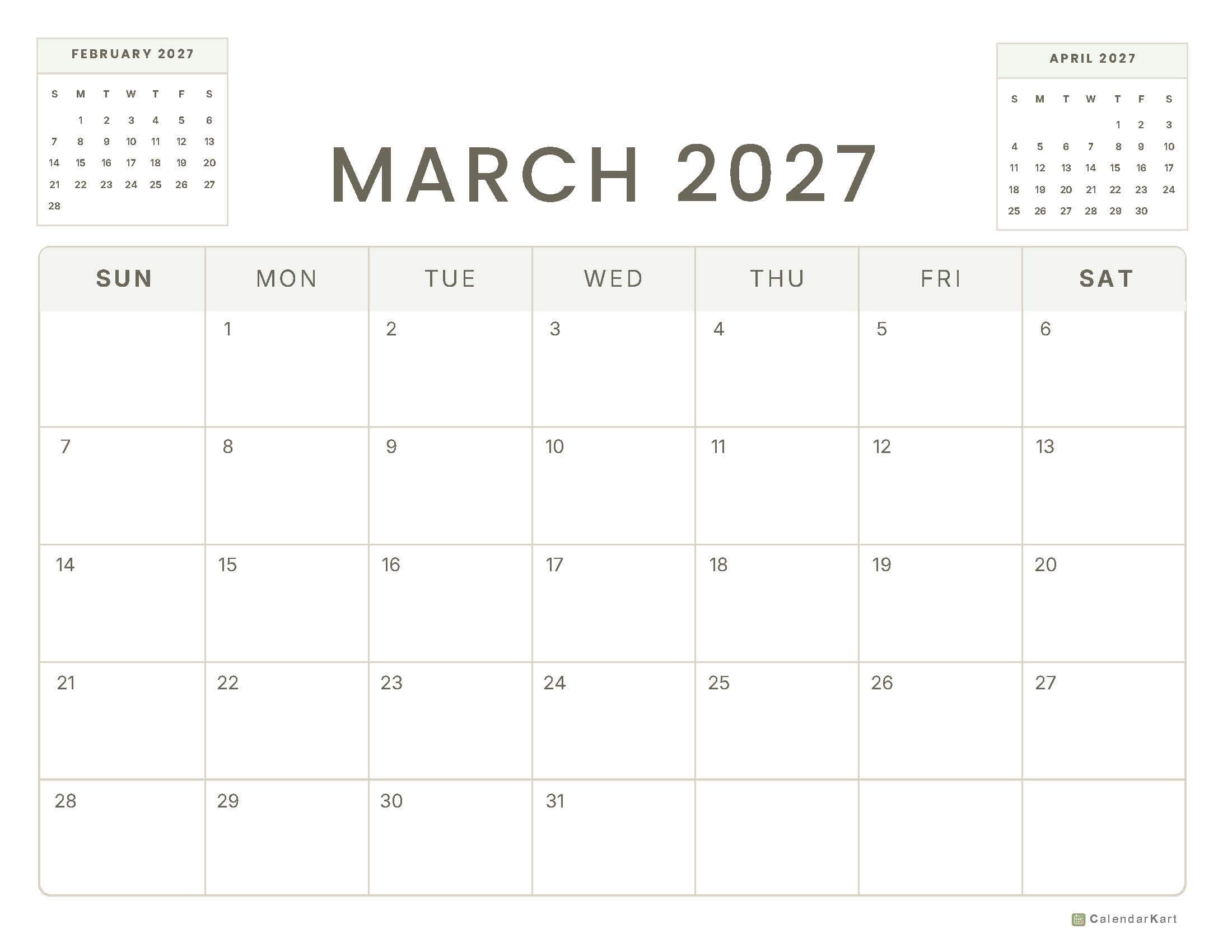 March 2027 Monthly Calendars 14