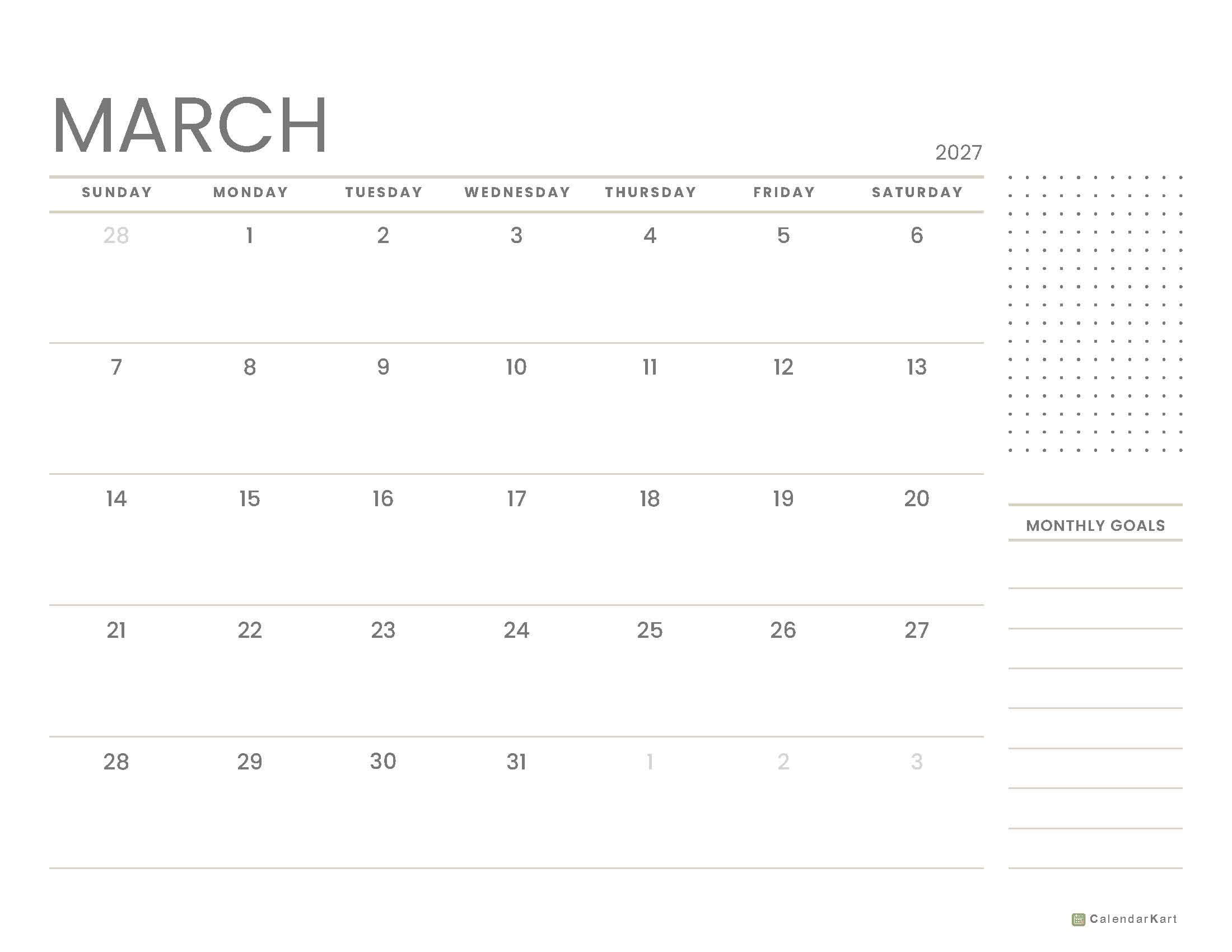 March 2027 Monthly Calendars 15