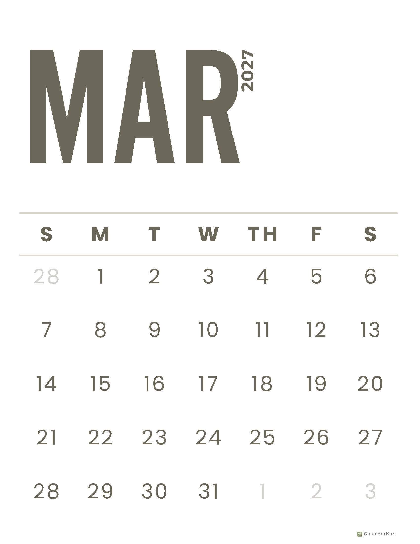 March 2027 Monthly Calendars 2