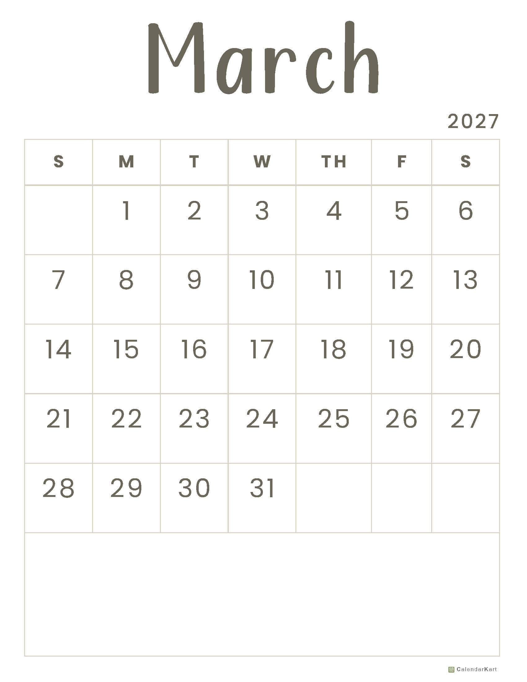 March 2027 Monthly Calendars 4