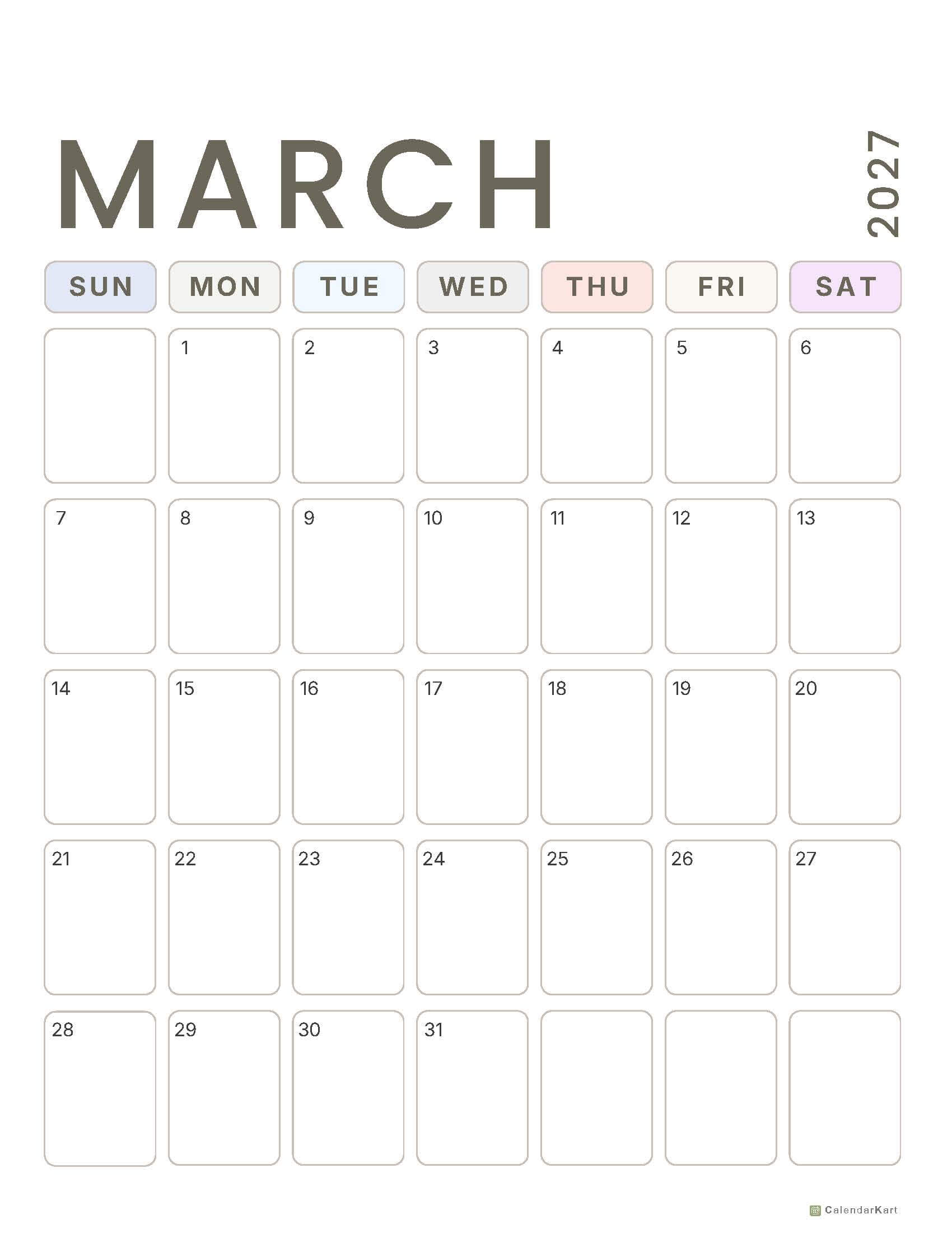 March 2027 Monthly Calendars 5