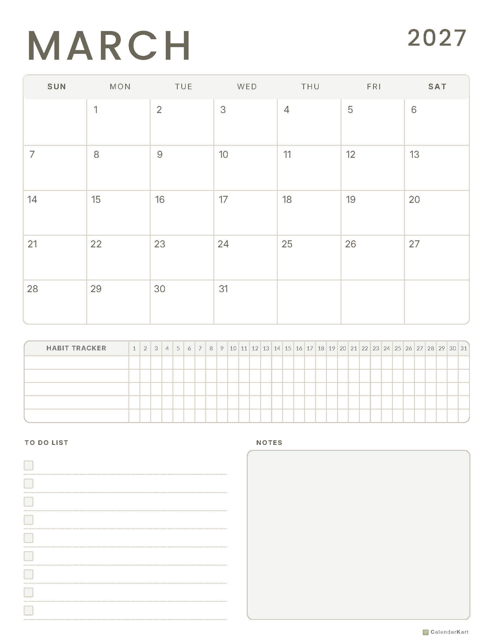 March 2027 Monthly Calendars 6