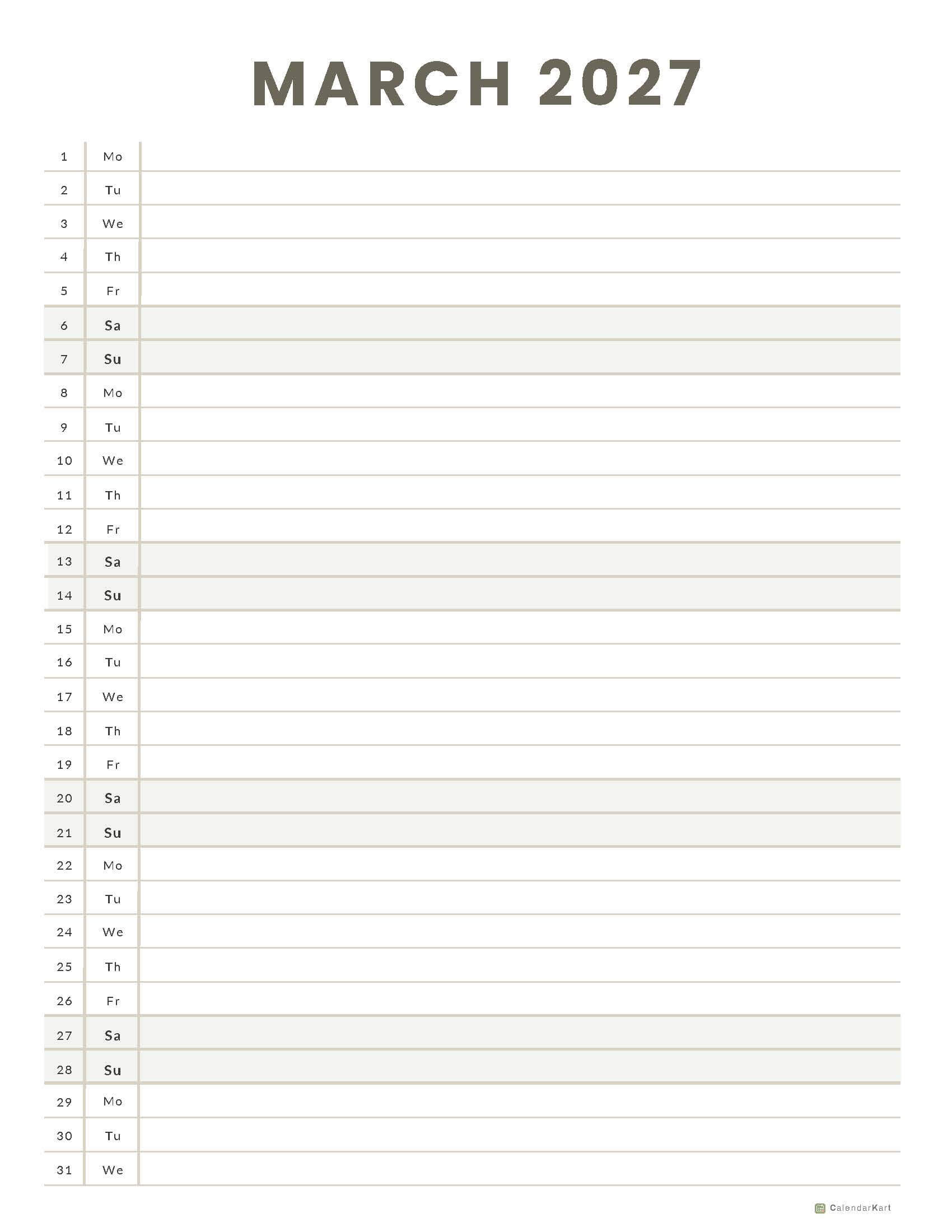 March 2027 Monthly Calendars 8