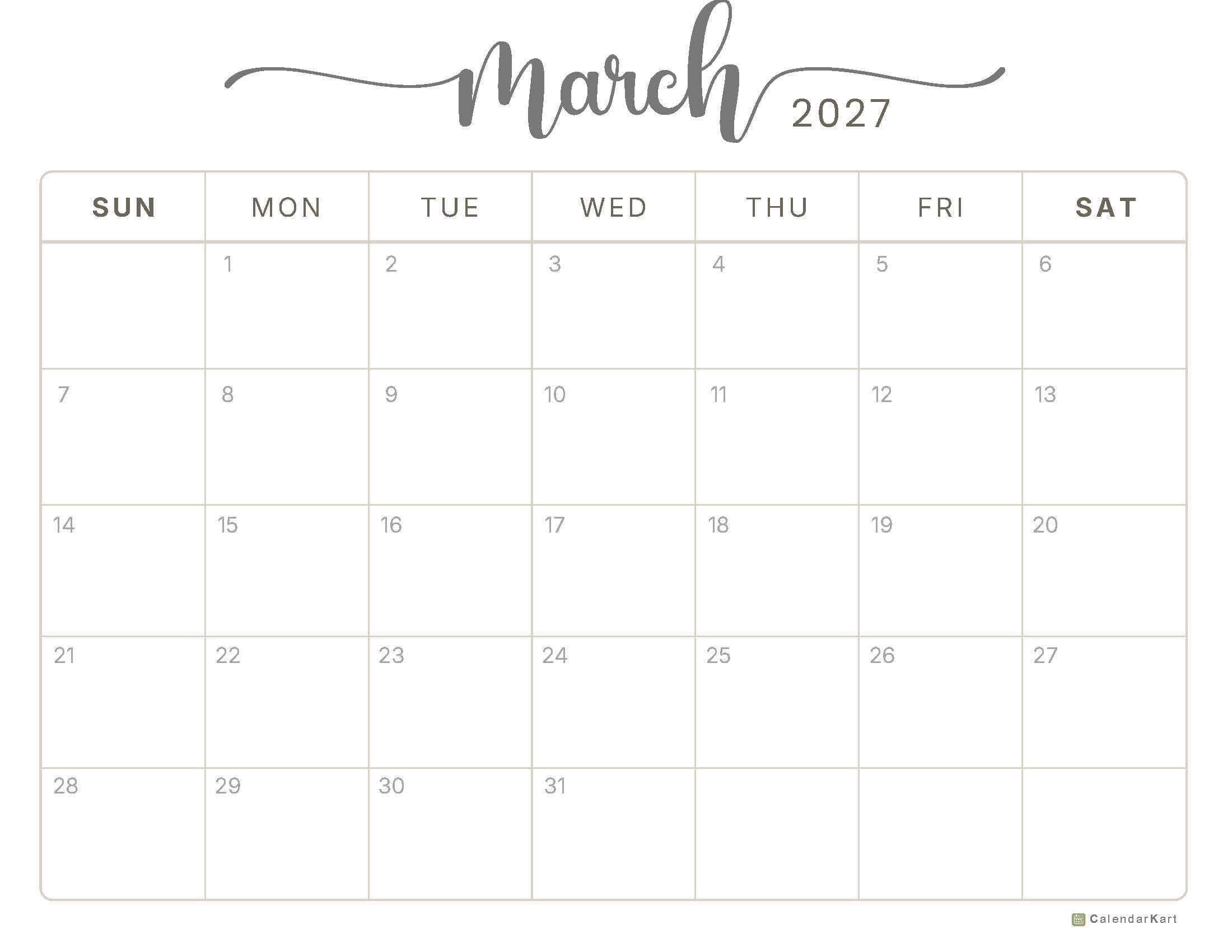 March 2027 Monthly Calendars 9