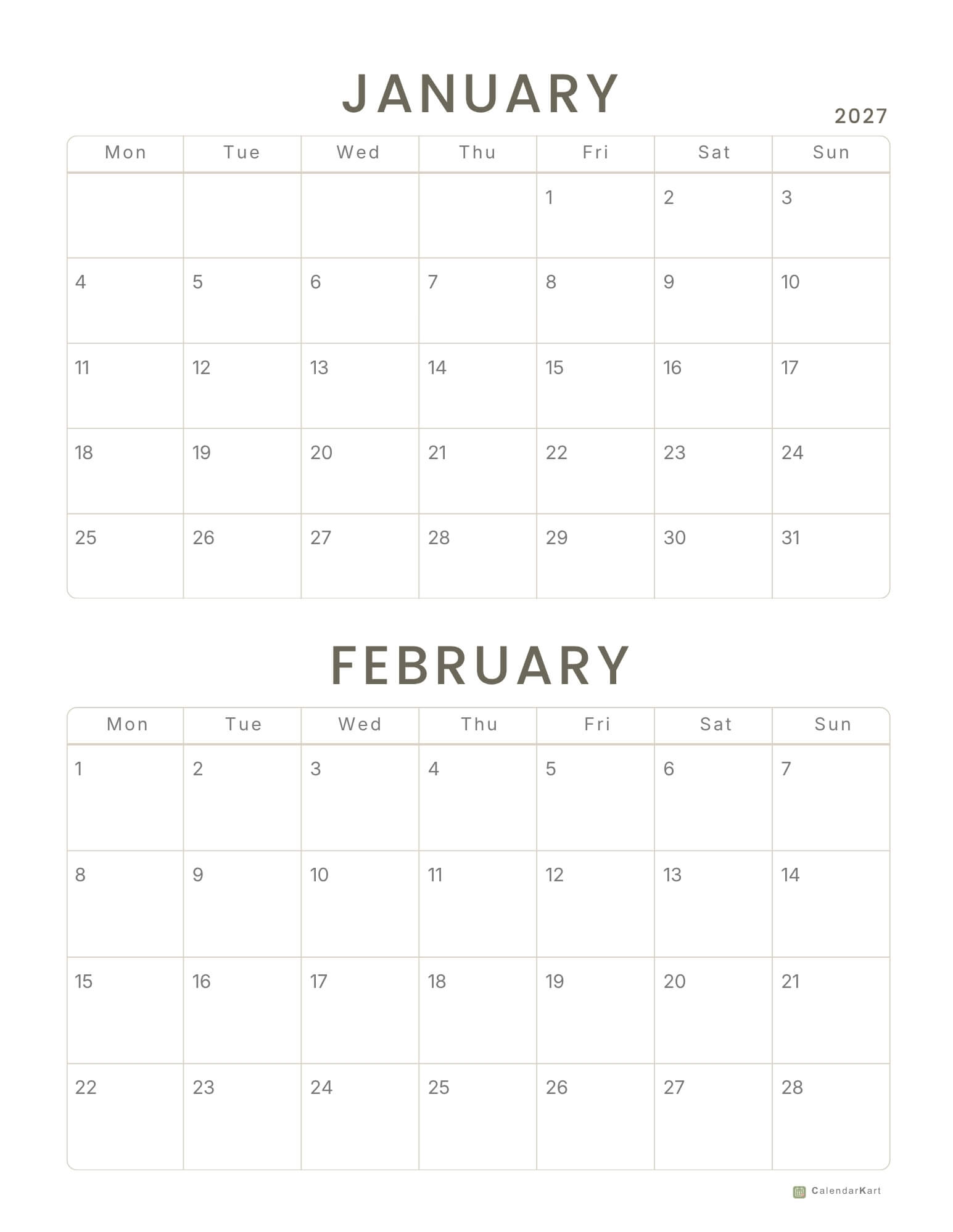 Monday Start 2027 BI monthly Calendars 5