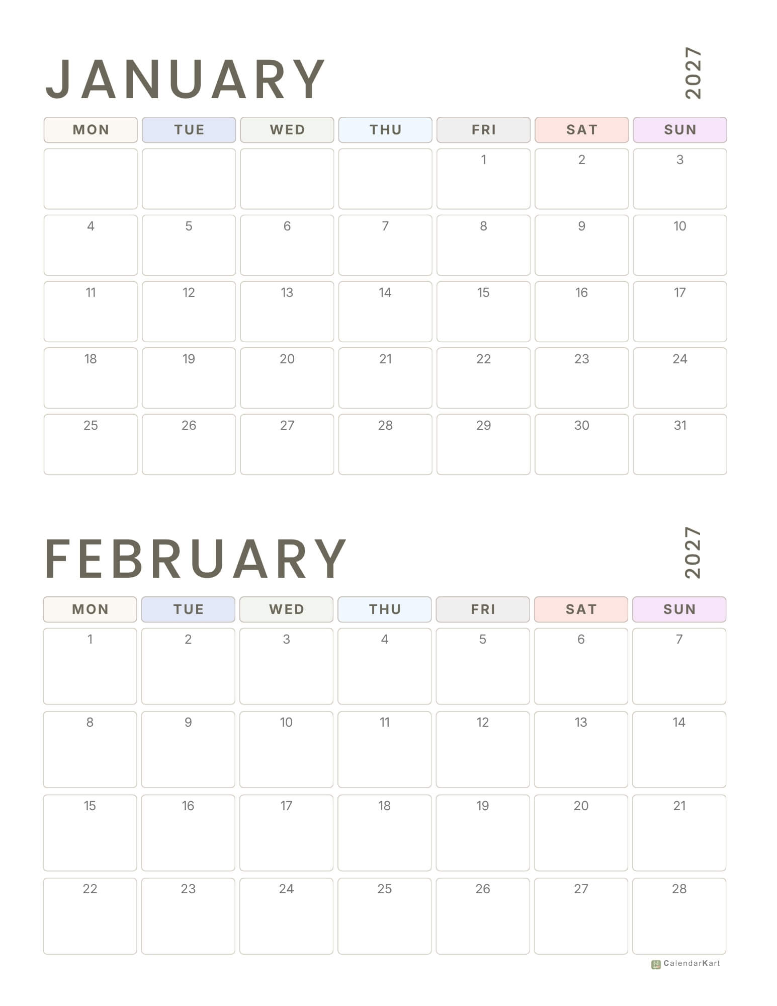 Monday Start 2027 BI monthly Calendars 6