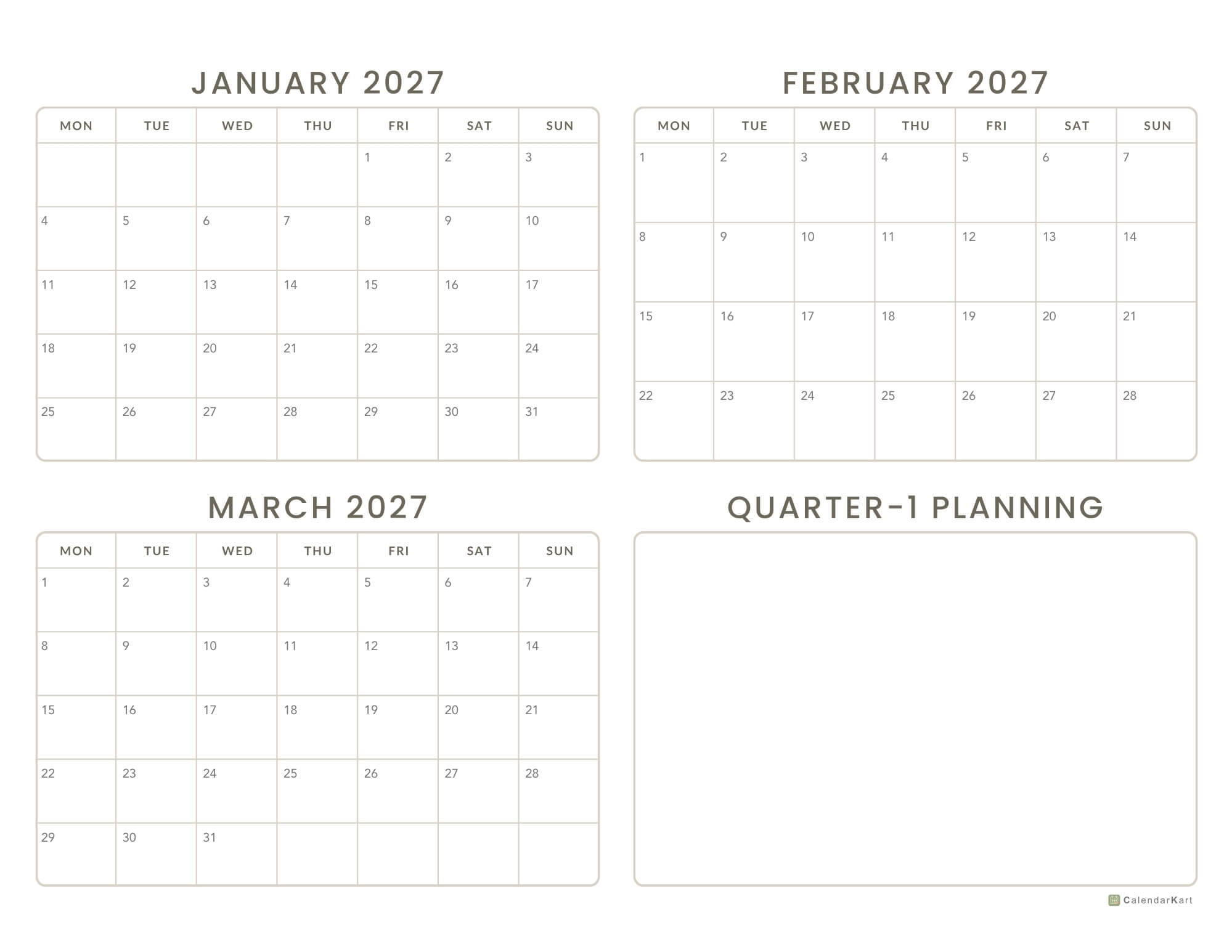 Monday Start 2027 Quarter Calendars 7